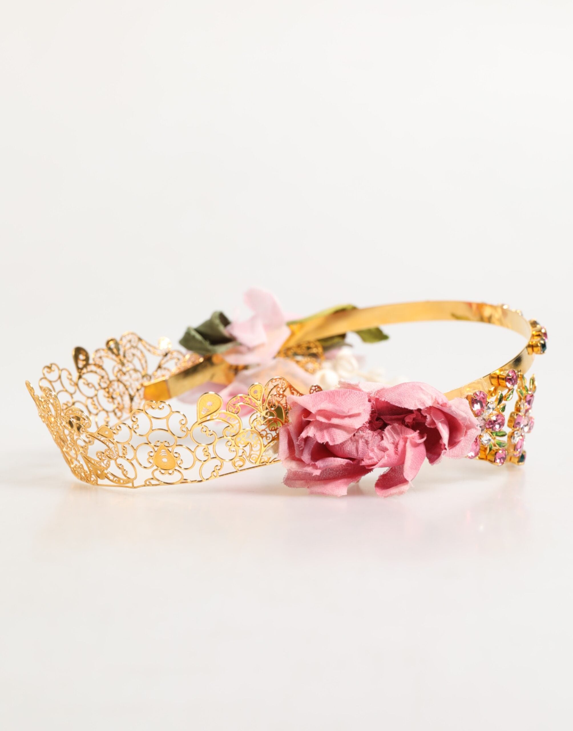 Gold Floral Tiara Pink Roses Crystal Crown Headband