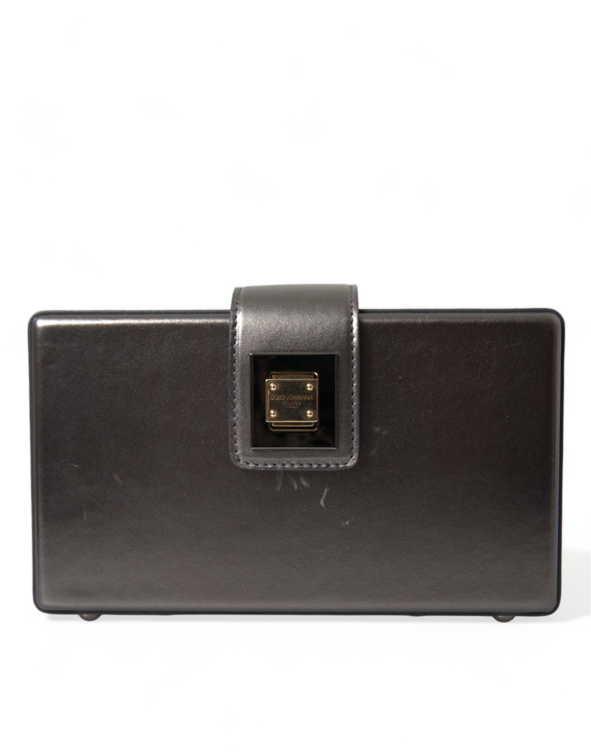 Steel Gray Leather Box Shape Shoulder Gold DG Logo Plaque Bag