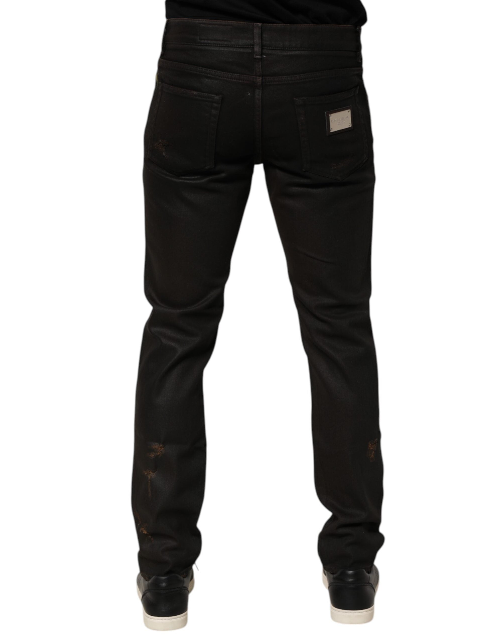 Dark Brown Tattered Cotton Skinny Denim Jeans