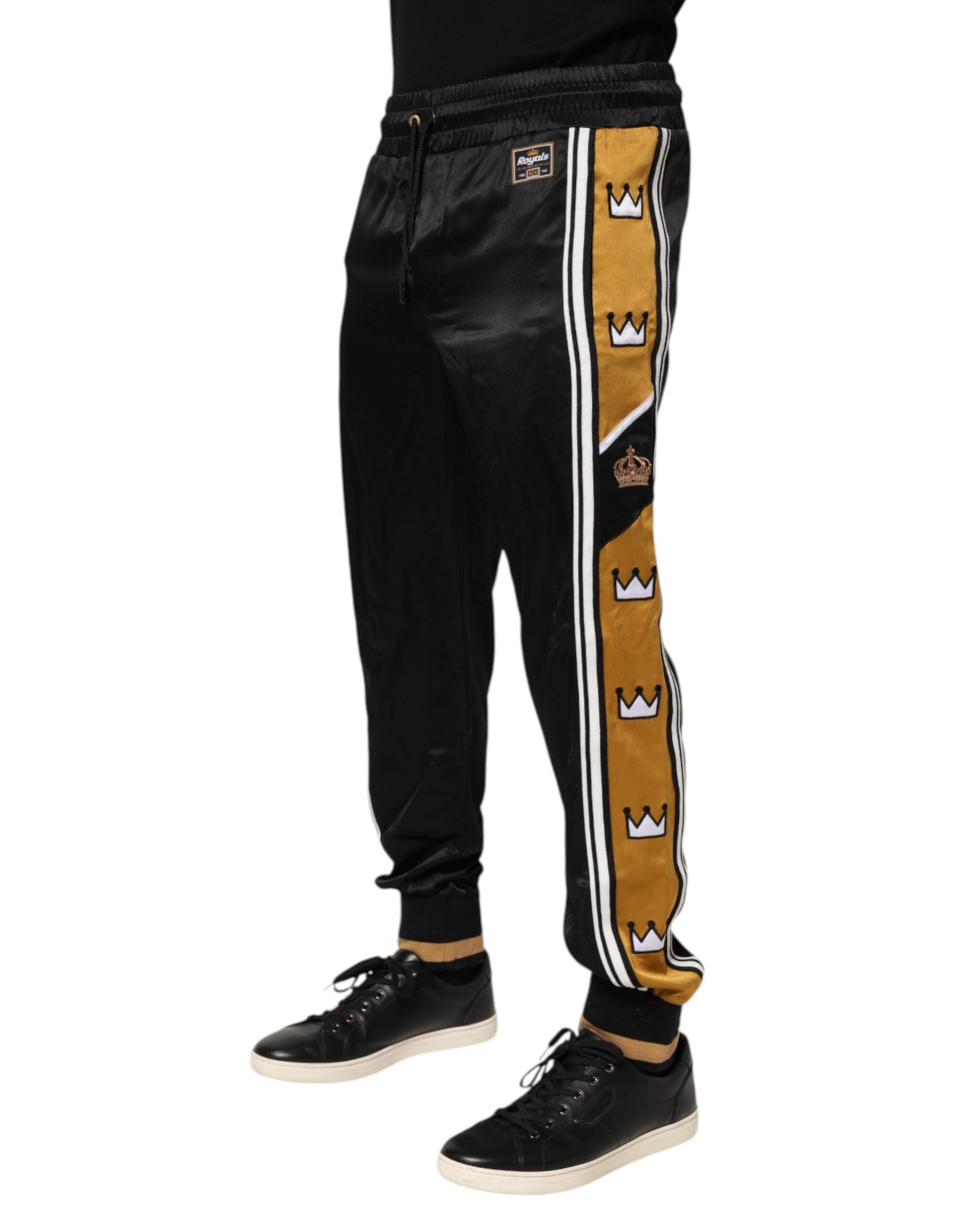 Black Gold Satin Crown Side Stripe Jogger Pants