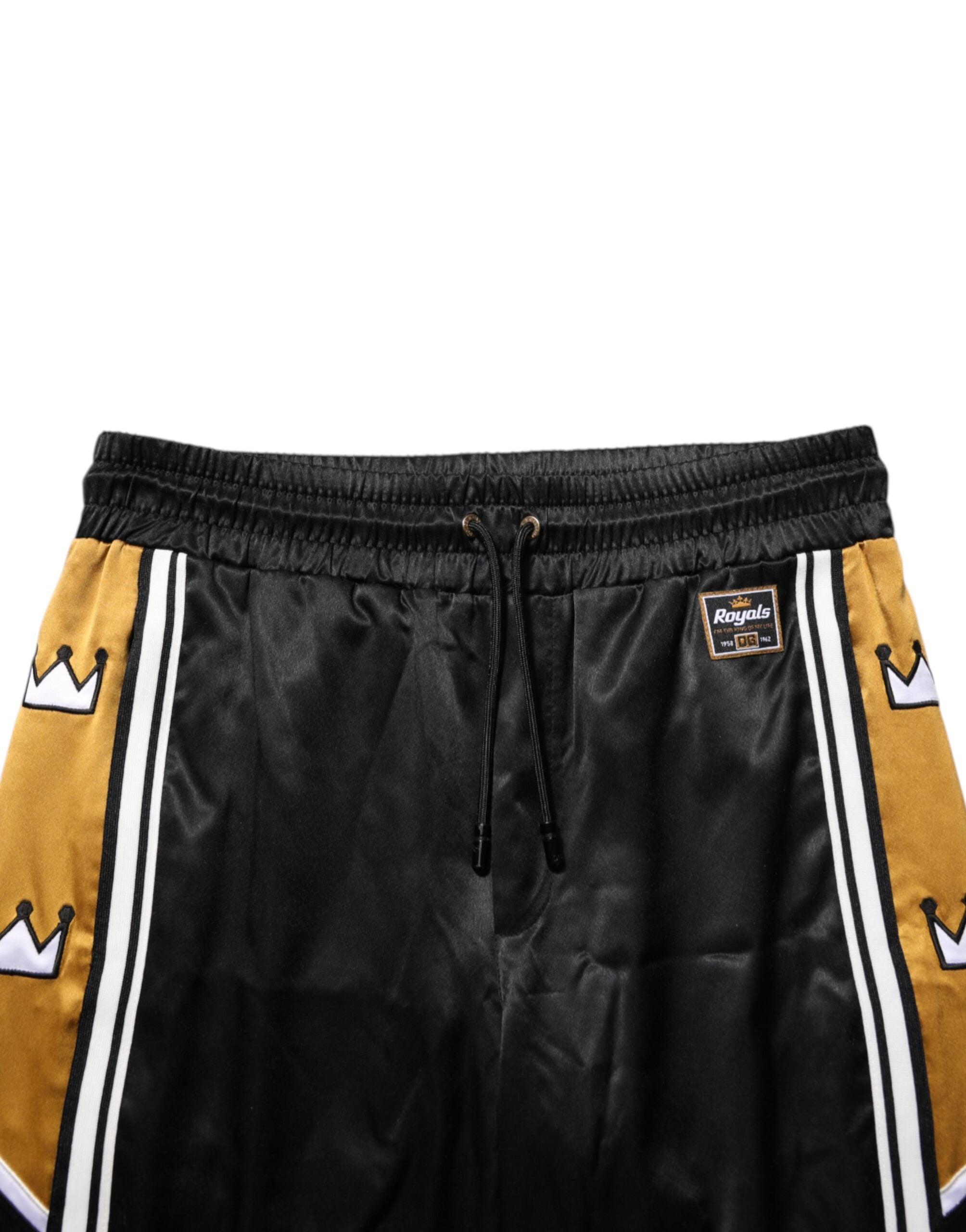 Black Gold Satin Crown Side Stripe Jogger Pants
