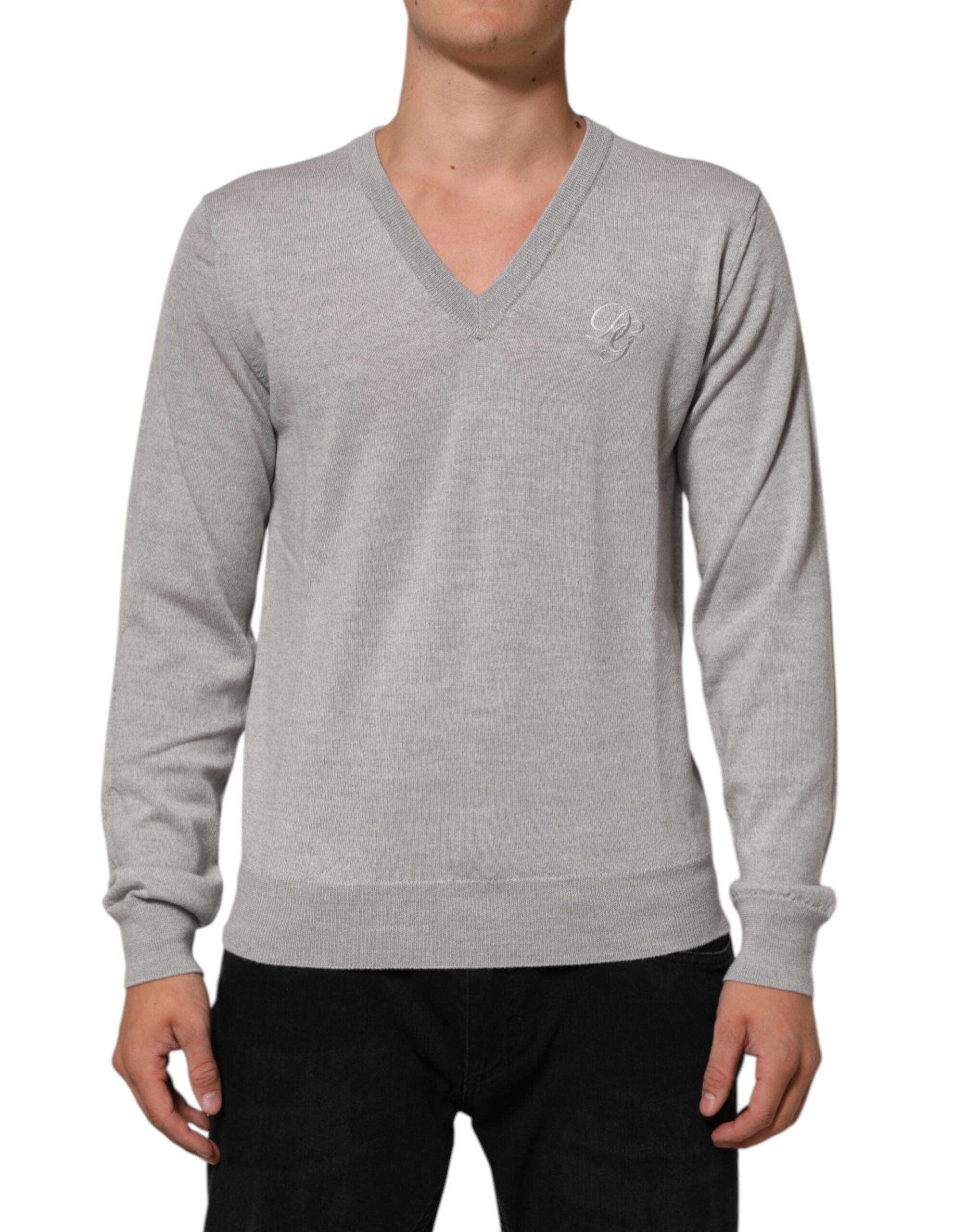 Gray Wool Knit Logo V-Neck Pullover Sweater