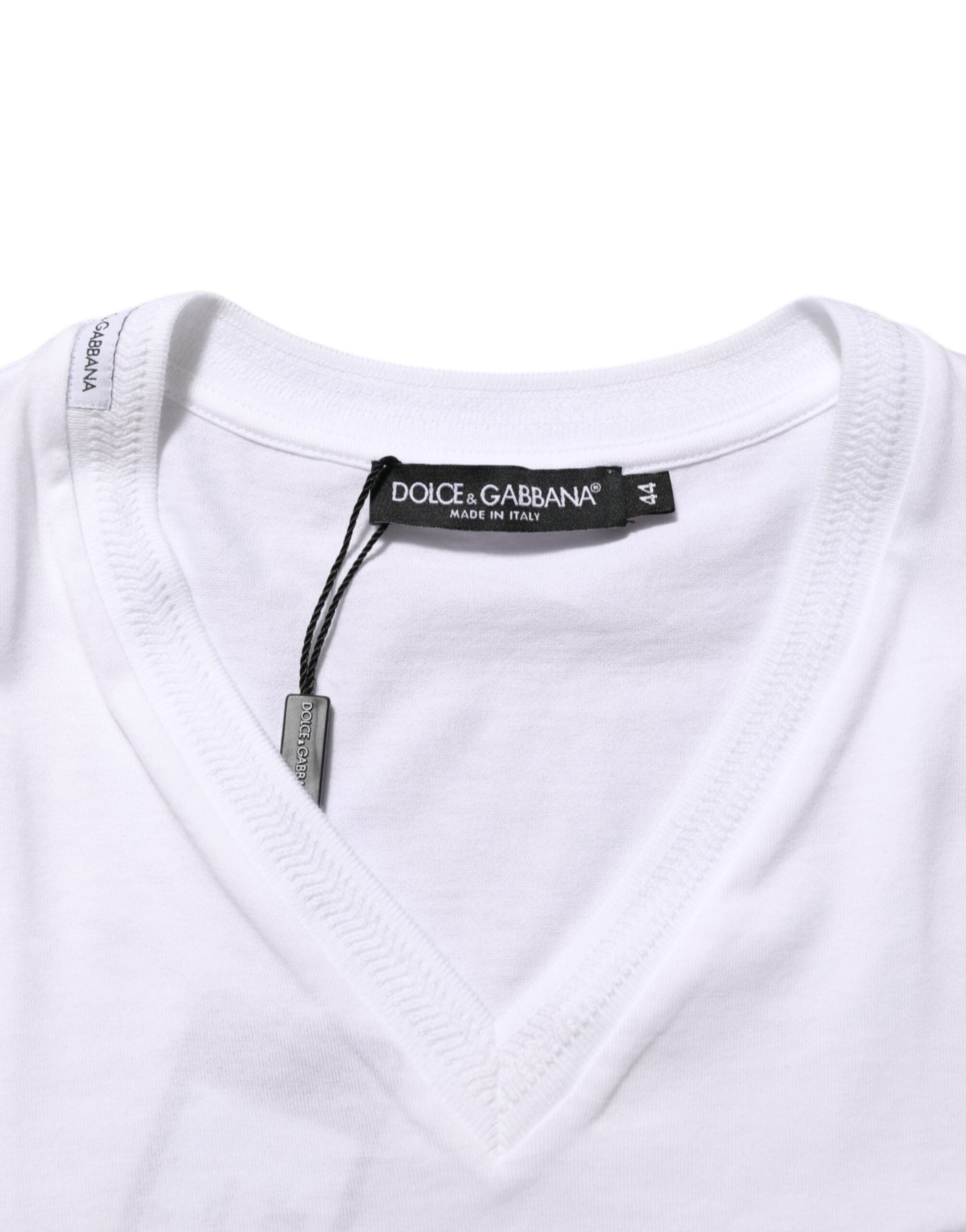 White Cotton Logo Patch V-neck Tee T-shirt