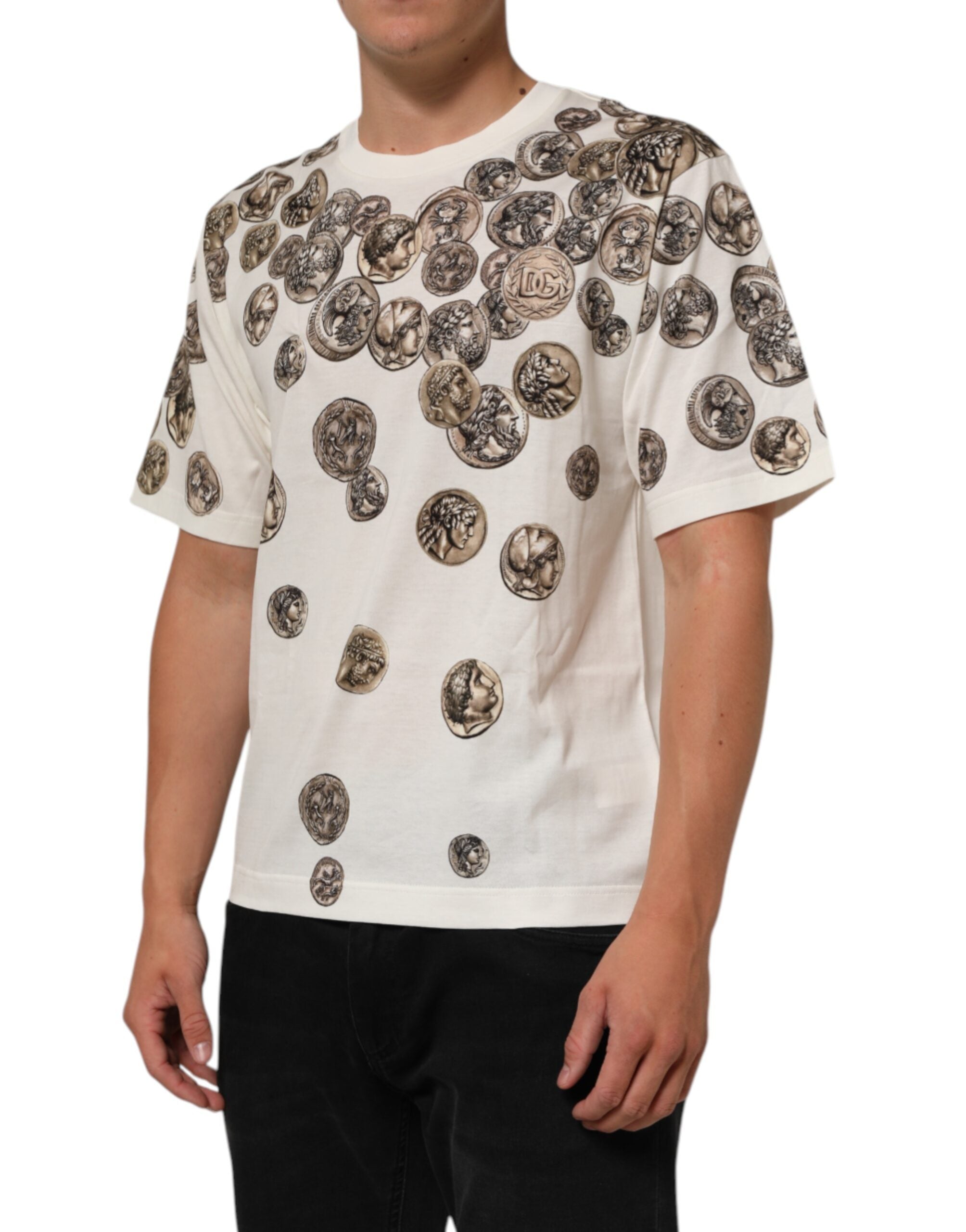White Coin Print Cotton Crew Neck Men T-shirt