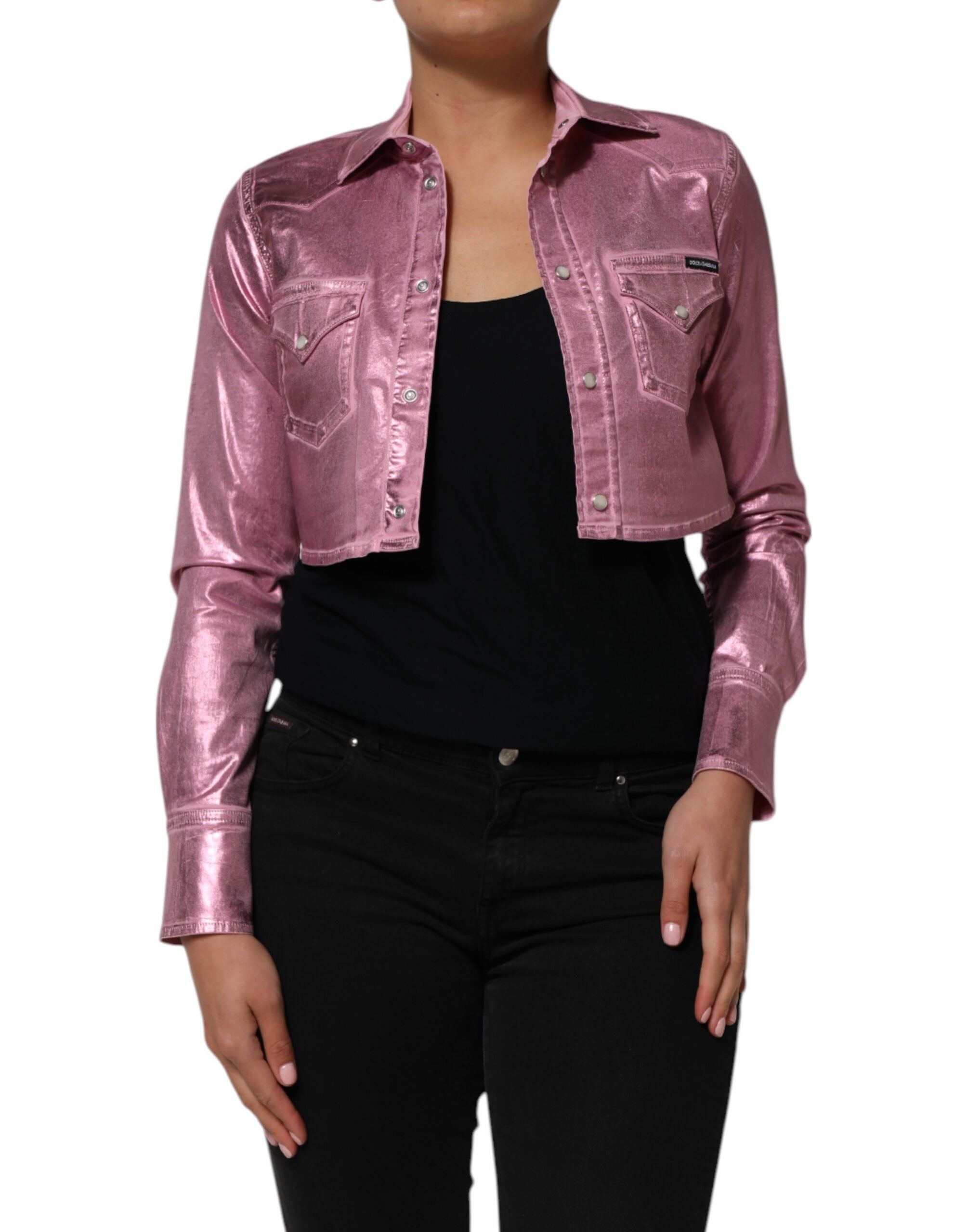 Pink Cotton Stretch Collared Cropped Jacket