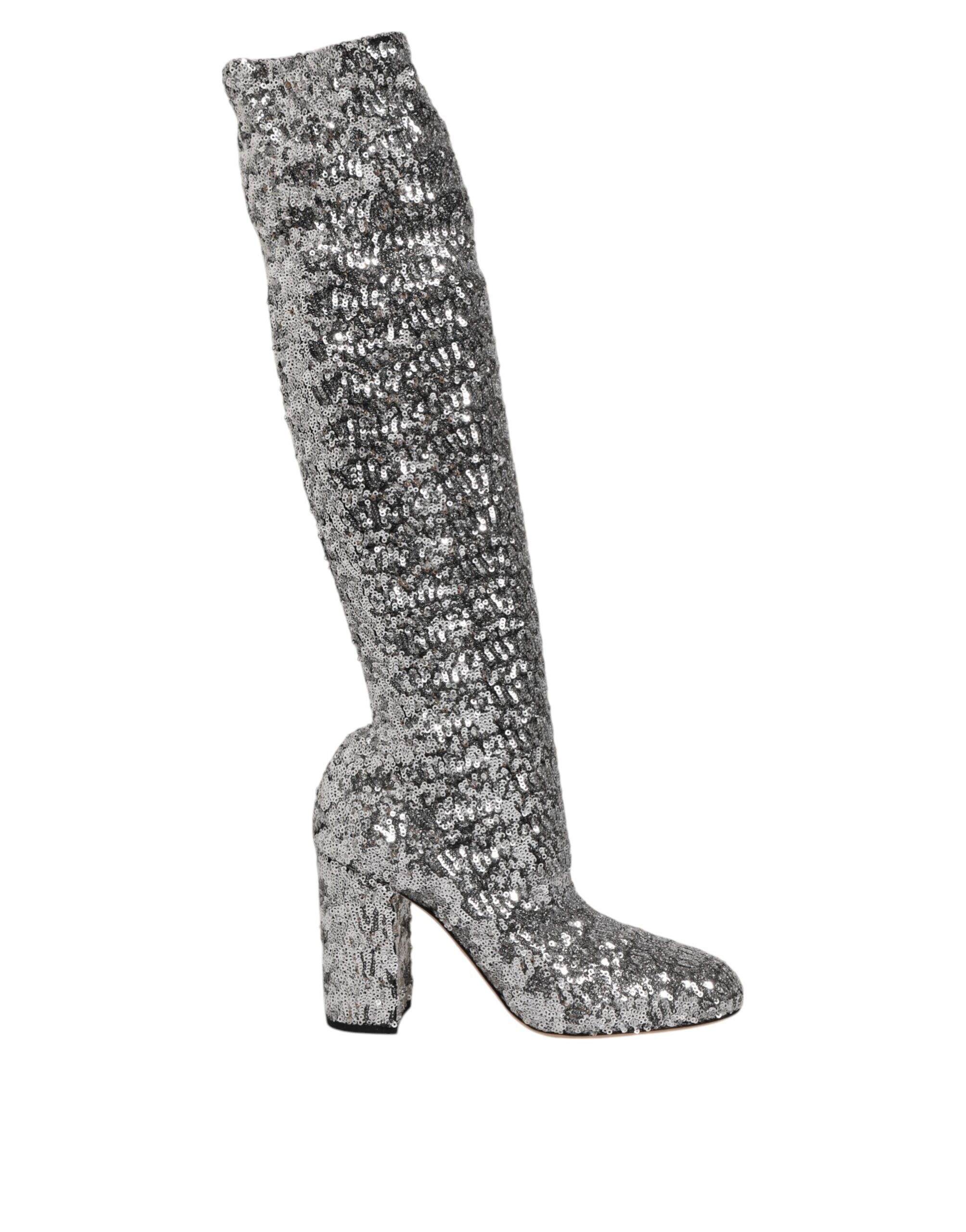 Silver Sequins Glitter High Heel Boot Shoes