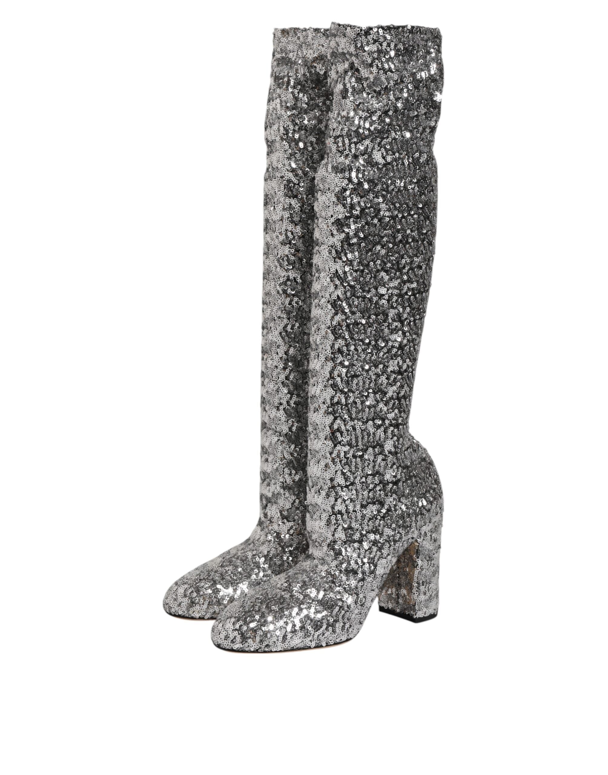 Silver Sequins Glitter High Heel Boot Shoes