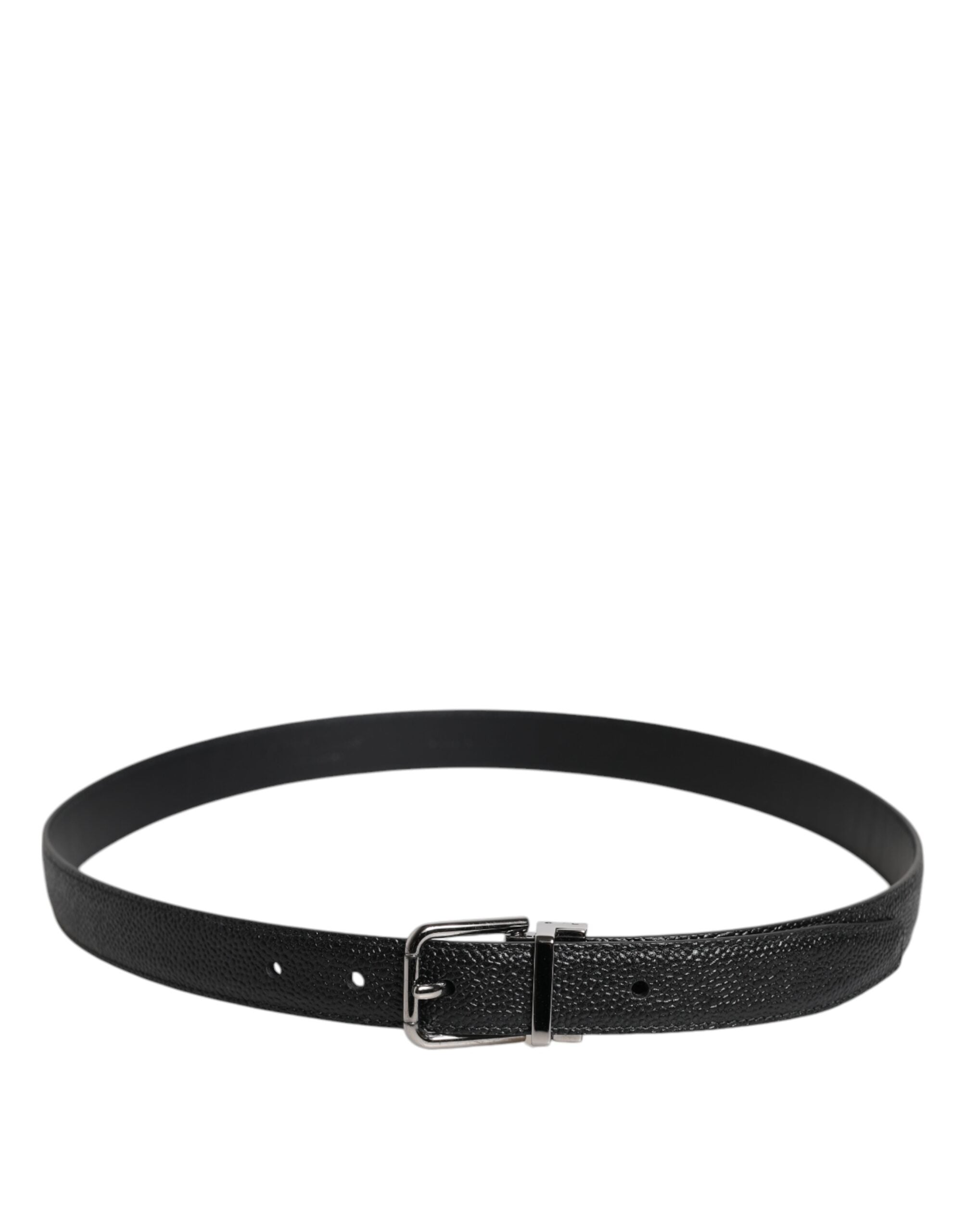 Black Textured Leather Silver Metal Buckle Men Belt