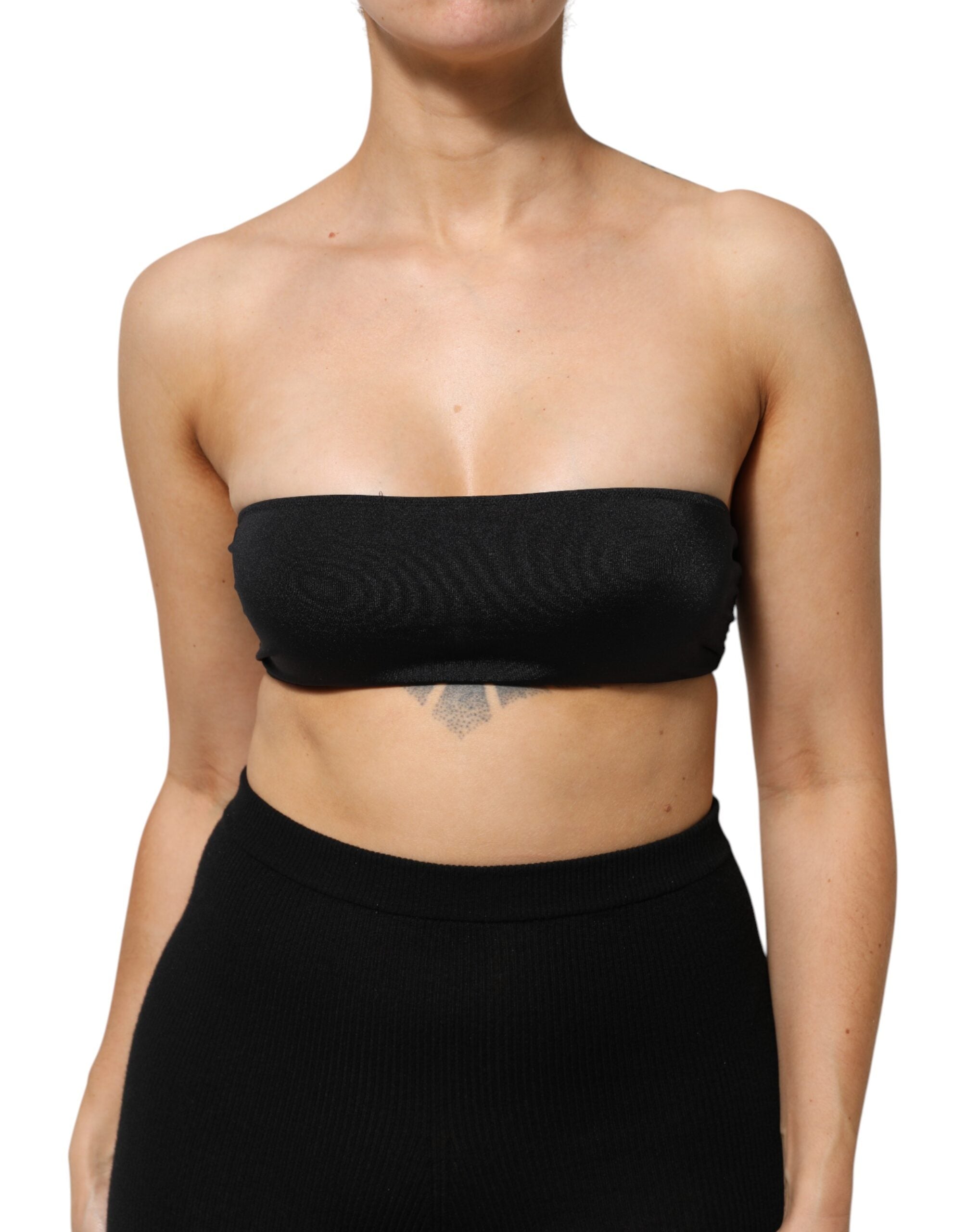 Black Nylon Blend Bandeau Strapless Tube  Top