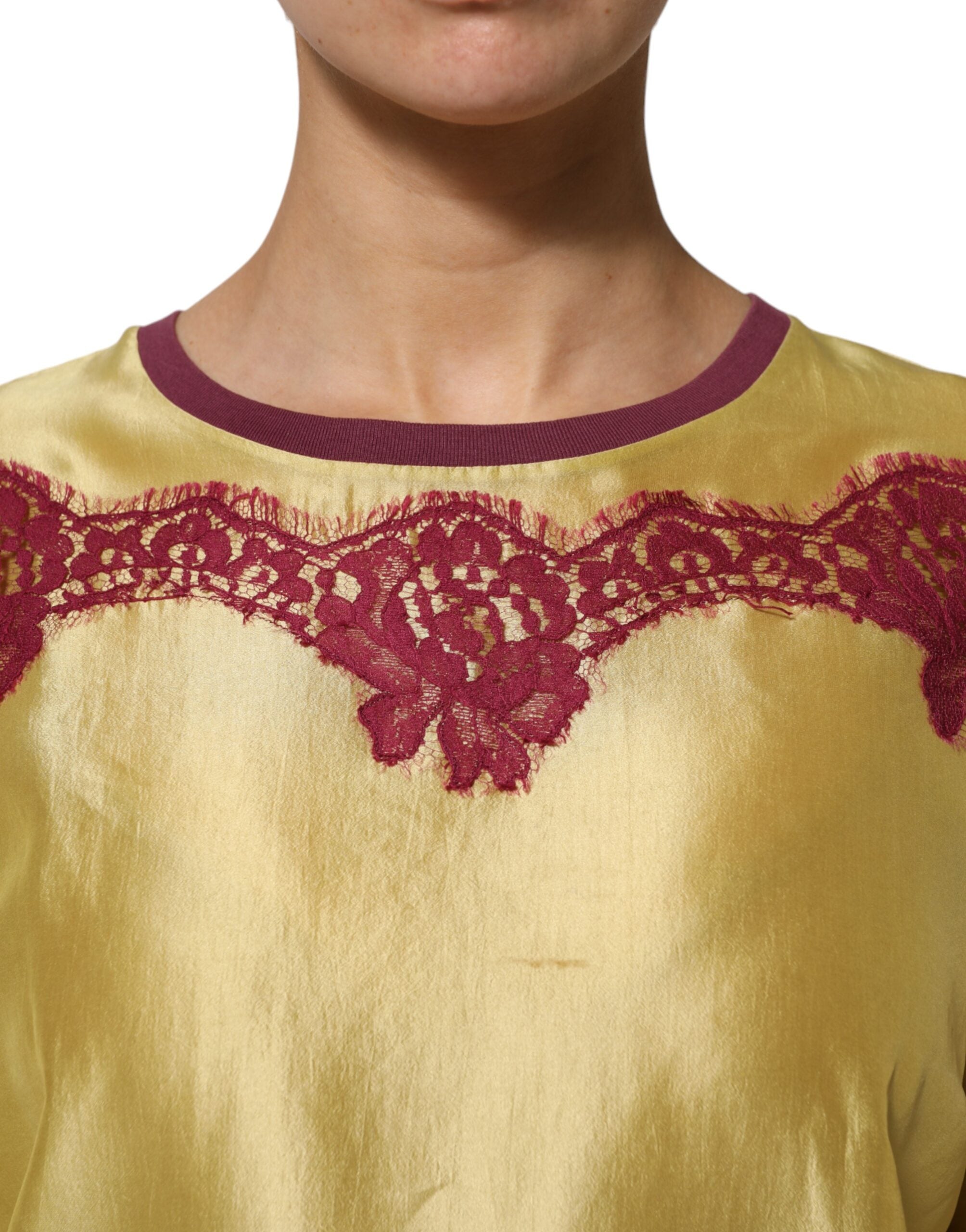 Yellow Silk Satin Floral Lace Short Sleeves Top