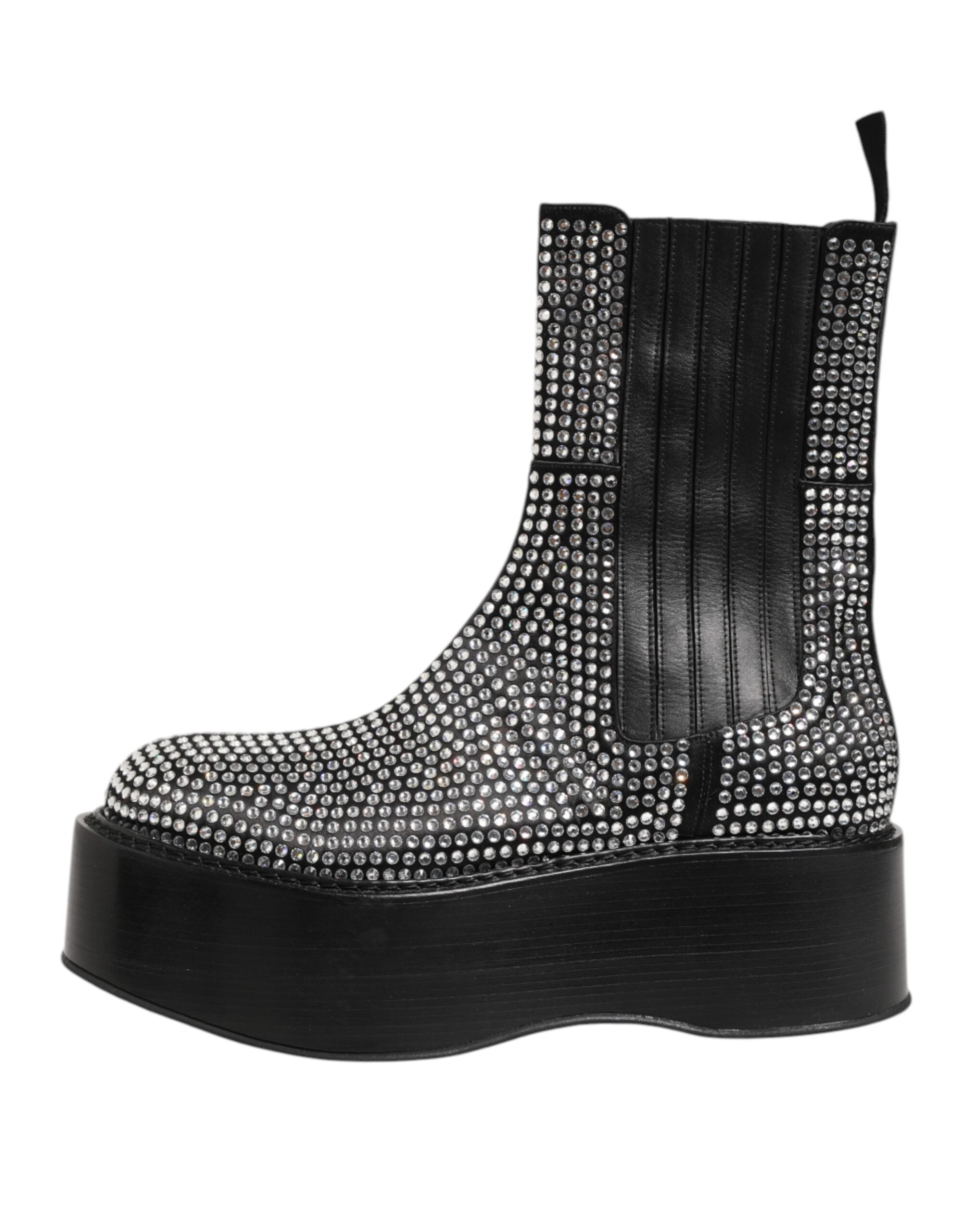 Black Crystal Strass Mid Calf Short Boots  Shoes
