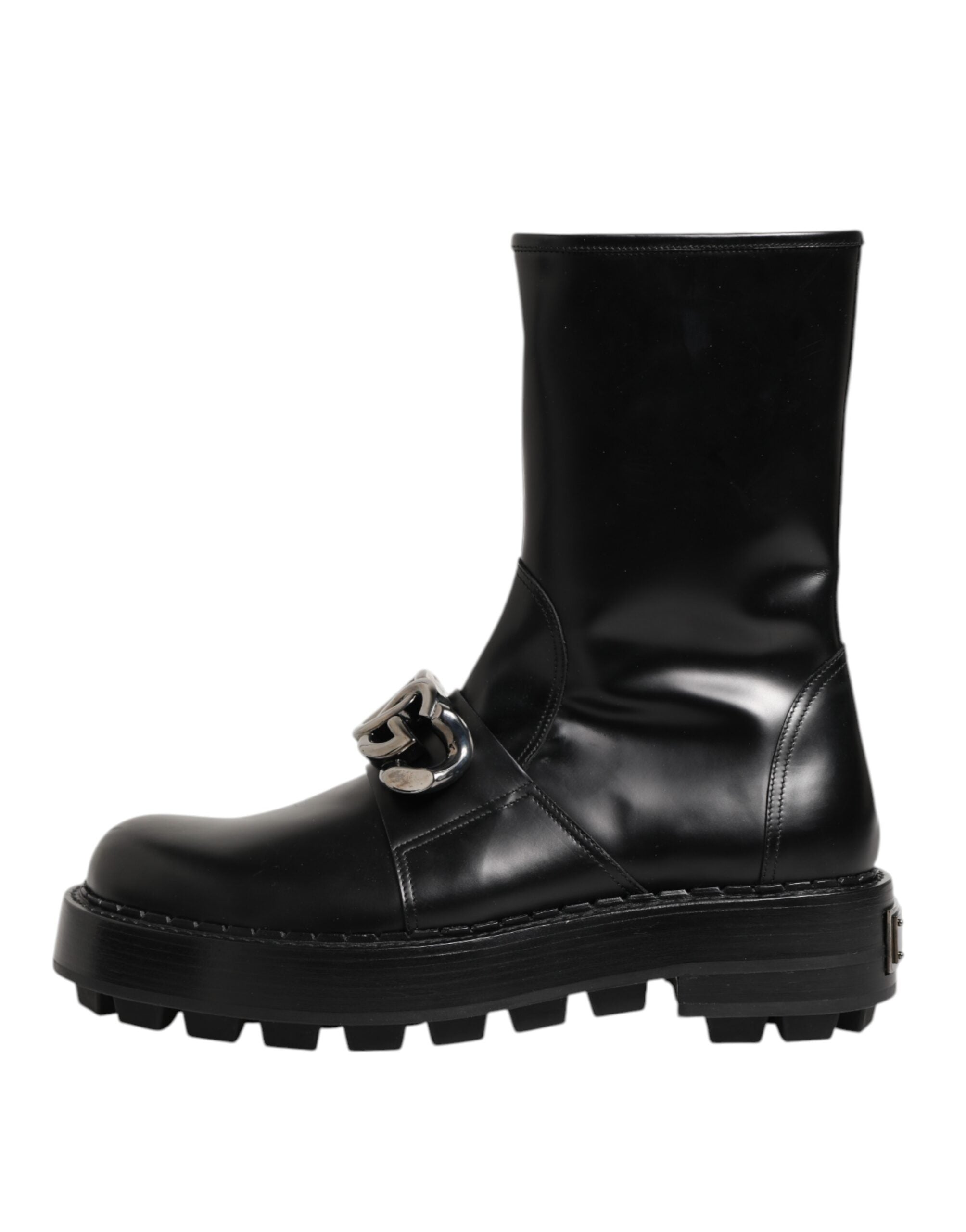 Black Logo Plaque Mid Calf Biker Boots Shoes