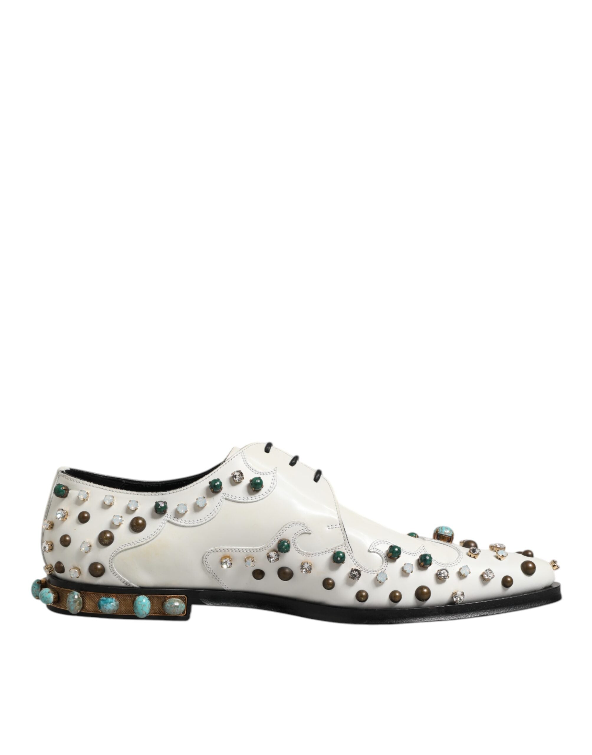 White Leather Crystals Embellished Derby Shoes