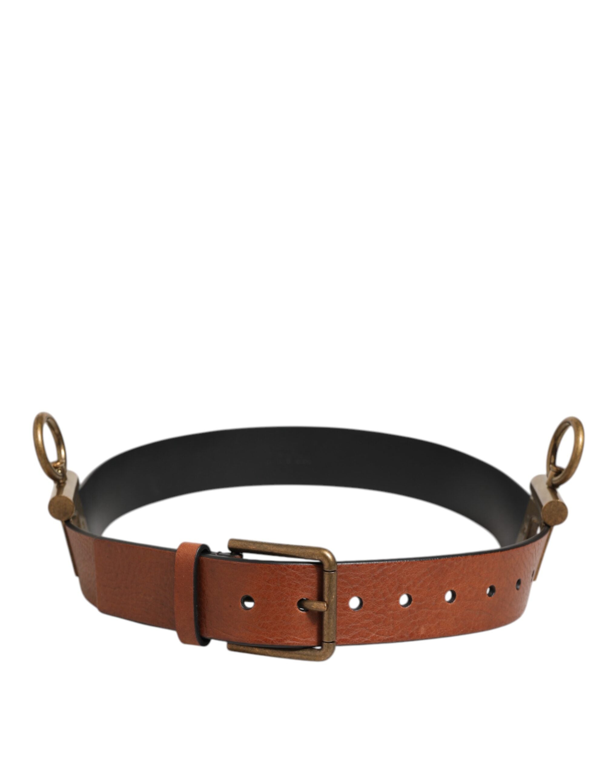 Brown Leather Side Rings Brass Buckle Belt