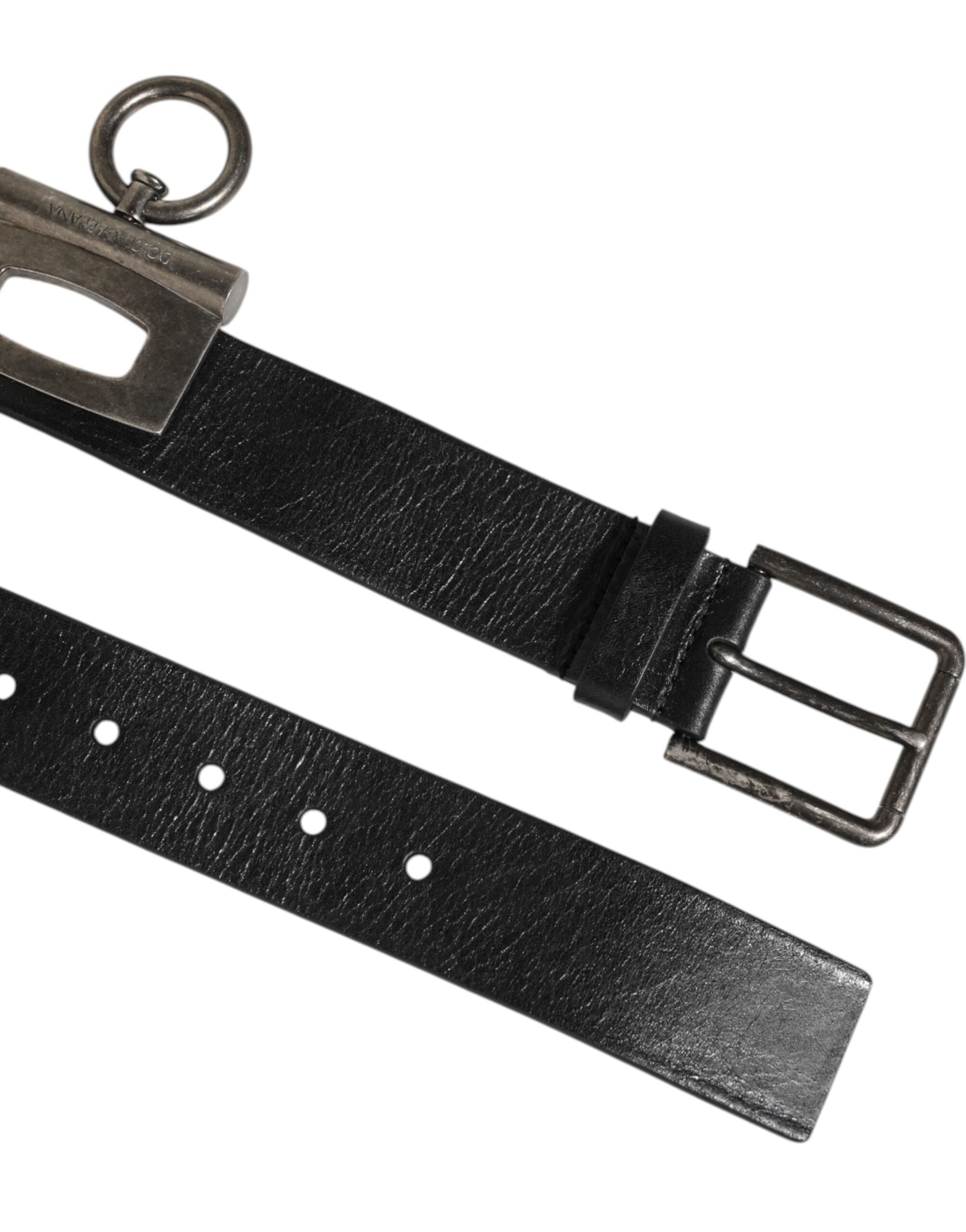 Black Leather Side Rings Brass Buckle Belt