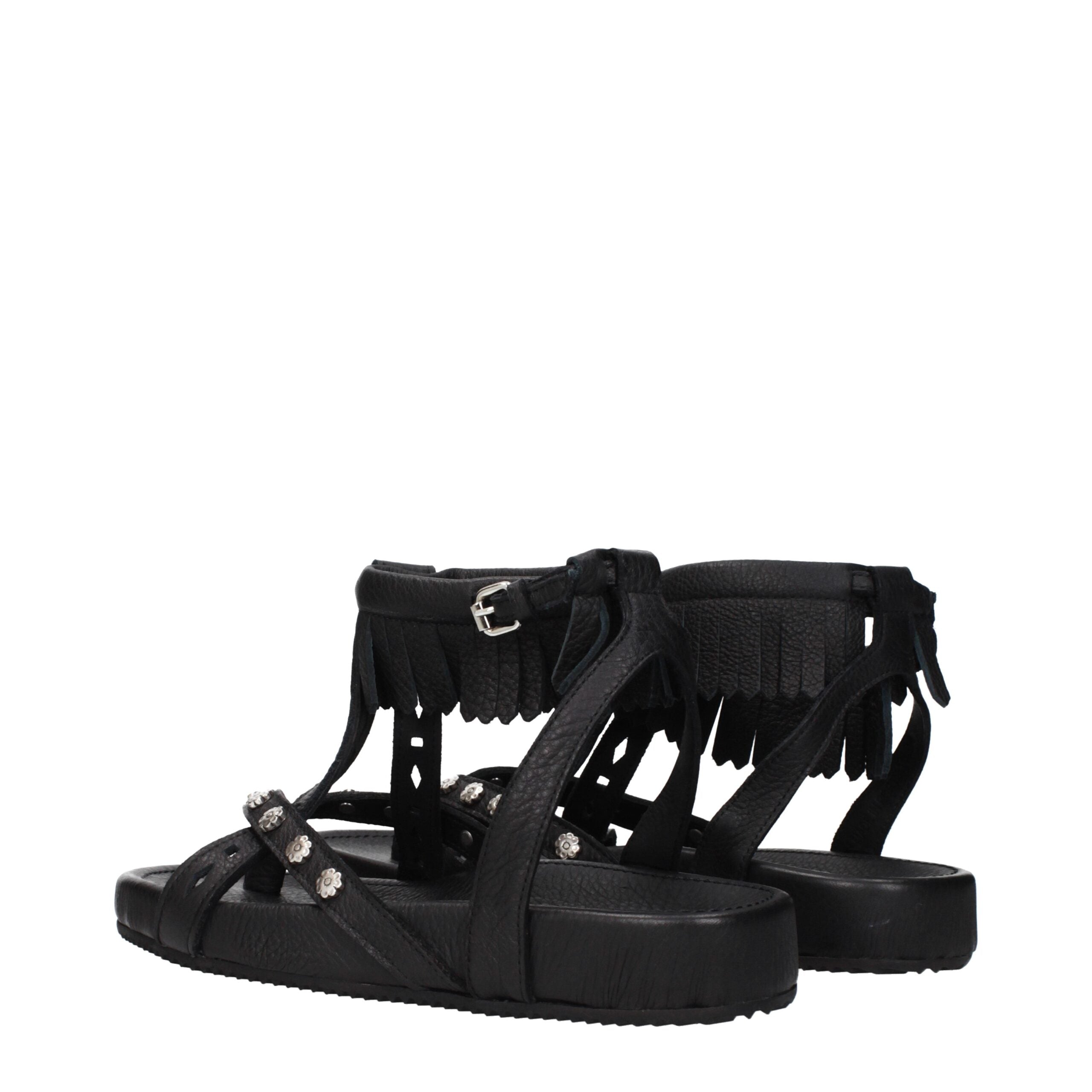 Black Leather Flat Sandals