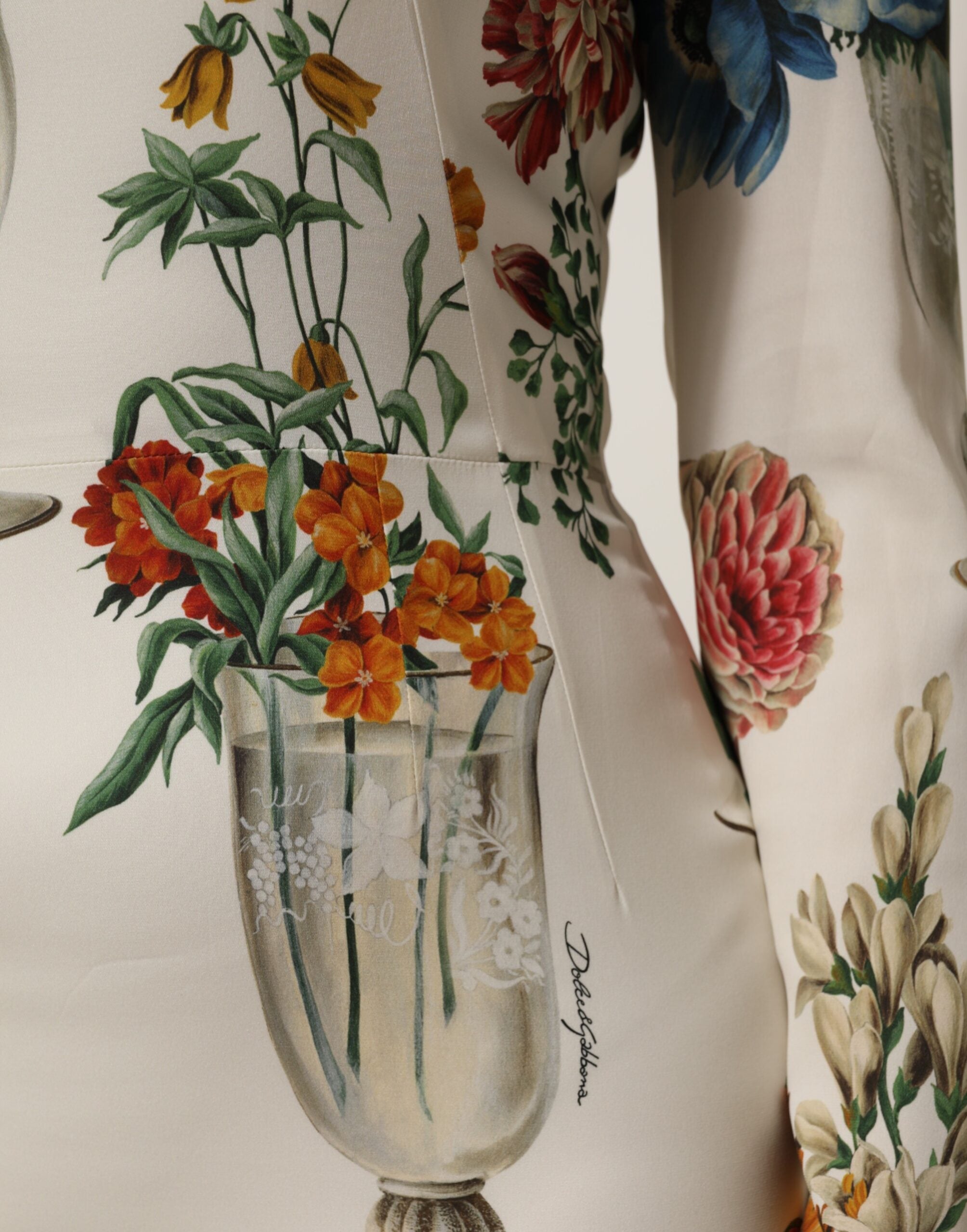 White Flower Vase Silk Sheath Midi Dress