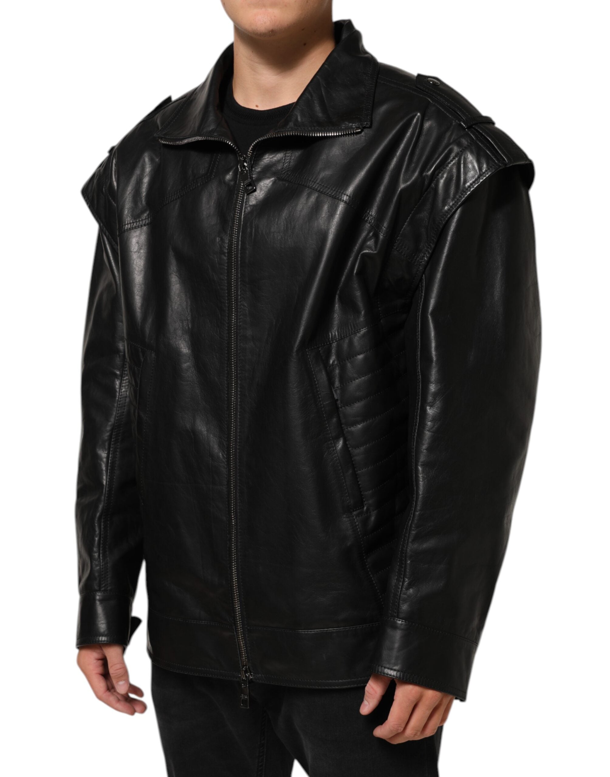 Black Leather Full Zip Biker Blouson Jacket