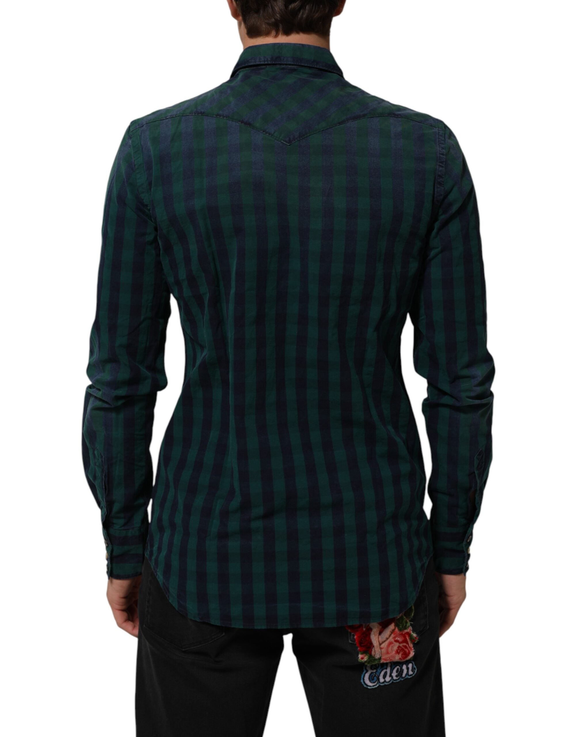 Green Checkered Cotton Button Down Long Sleeves Shirt