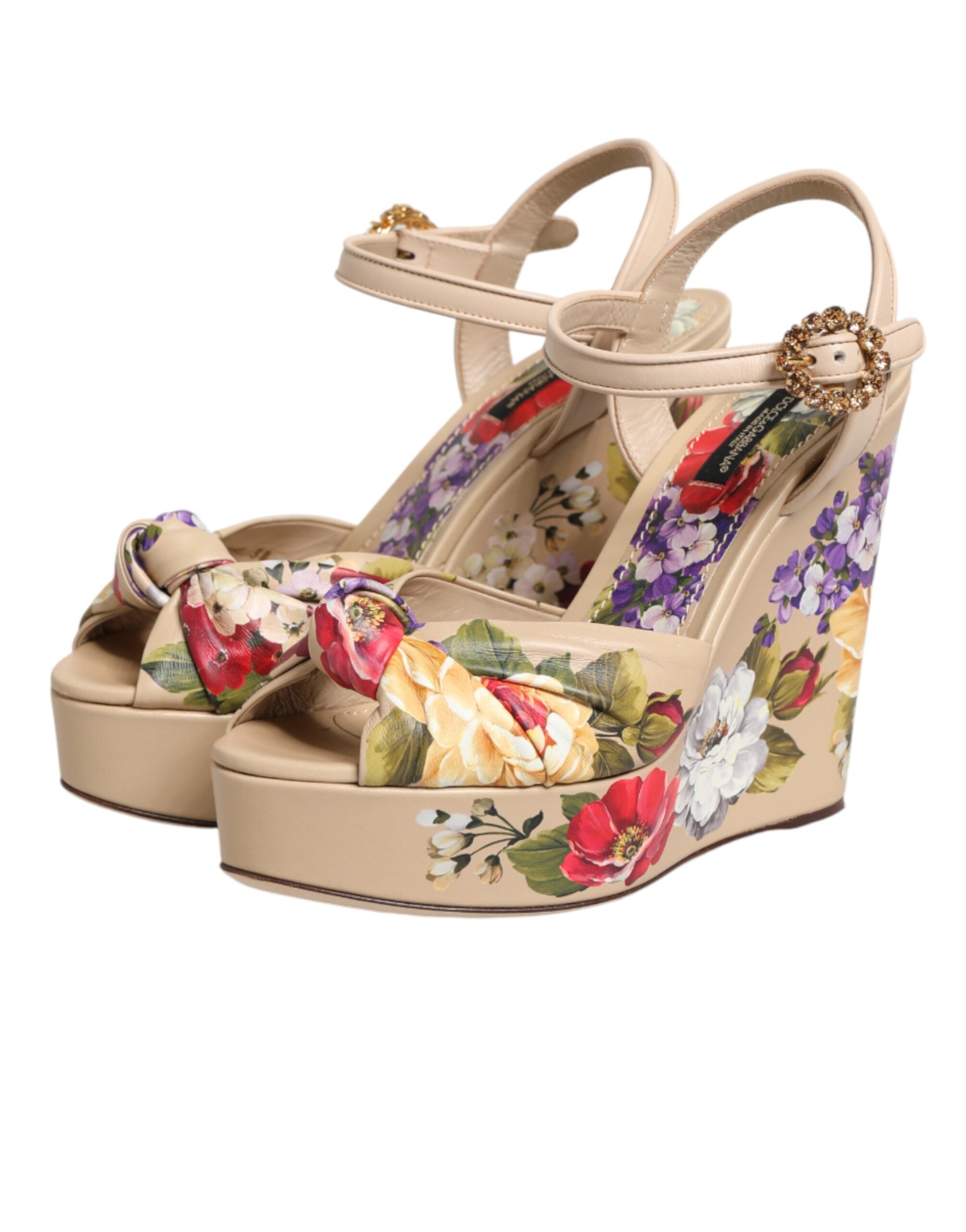 Beige Floral Ankle Strap Wedge Sandals Shoes