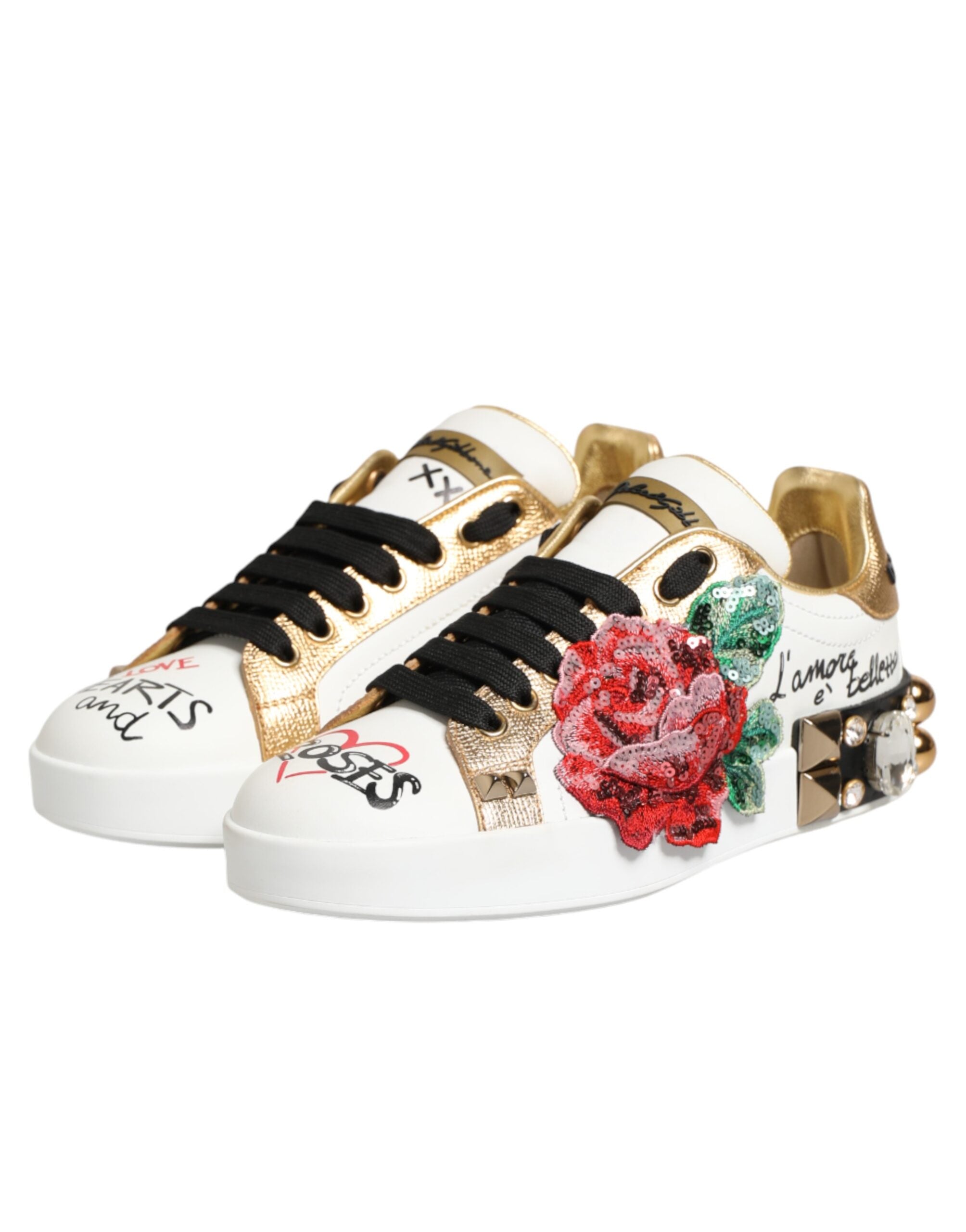 White Leather Floral Studded Sneakers Shoes