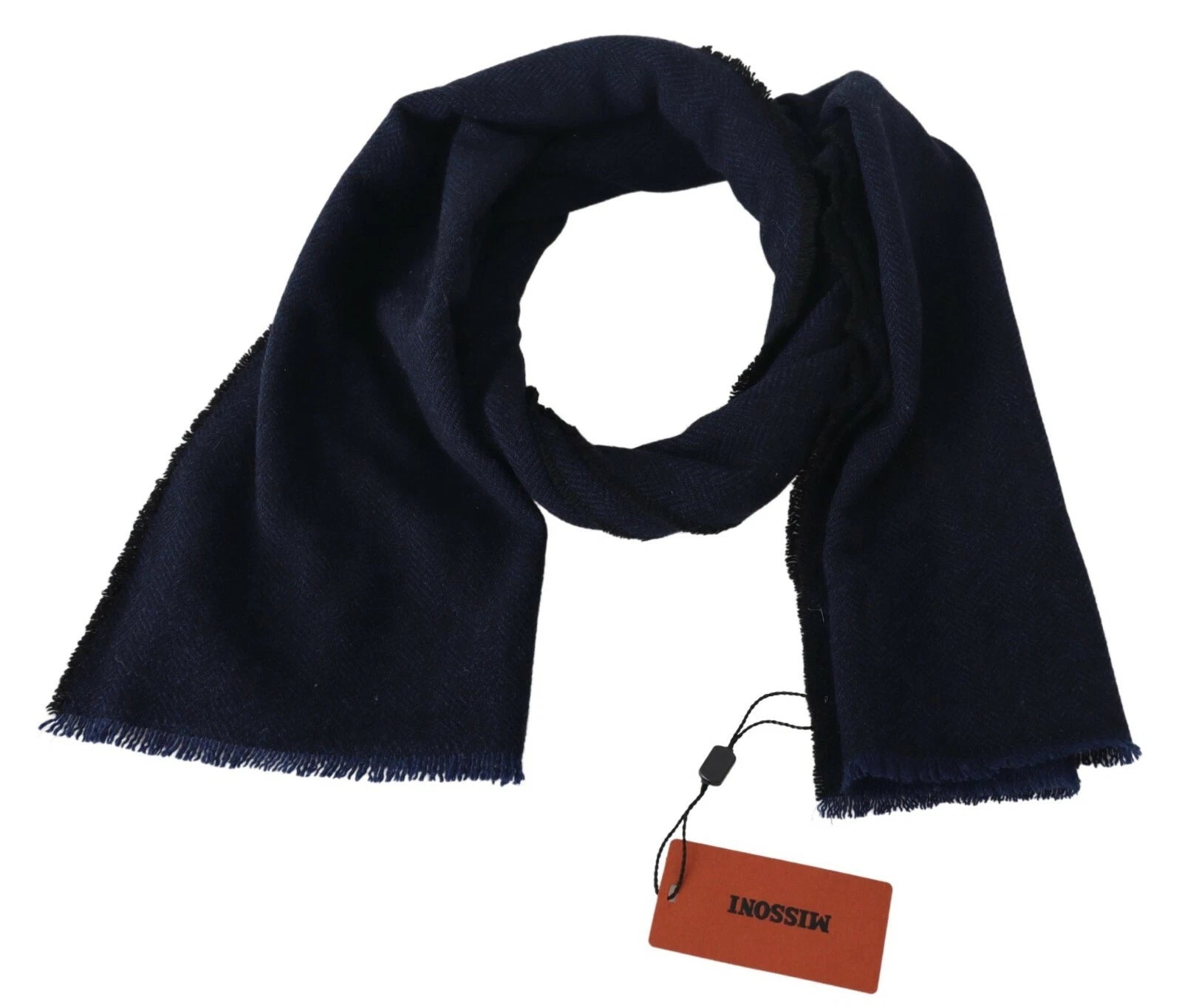 Dark Blue Wool Unisex Neck Wrap Fringes Logo Scarf