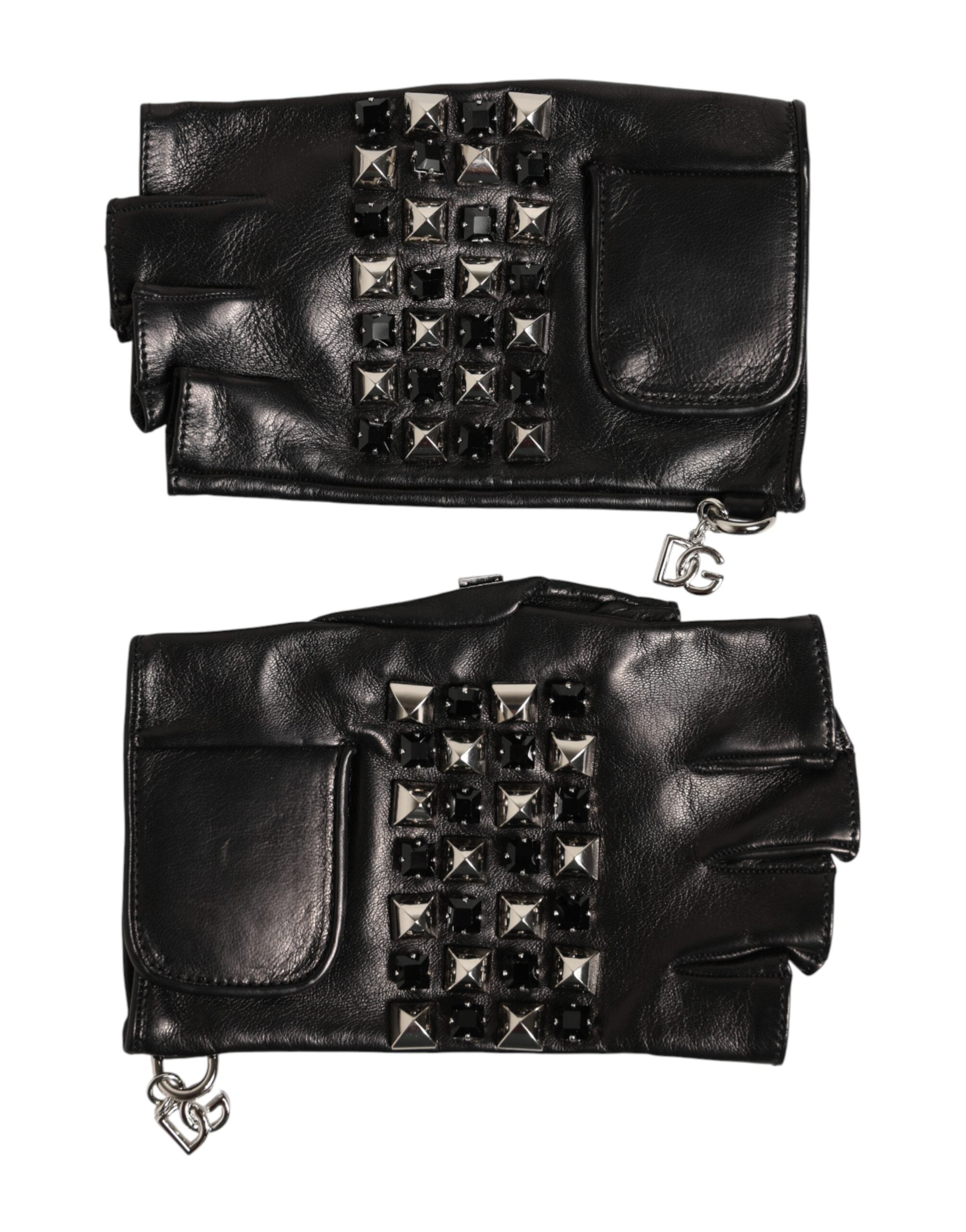 Black Leather Studded Fingerless Hand Mitten Men Gloves