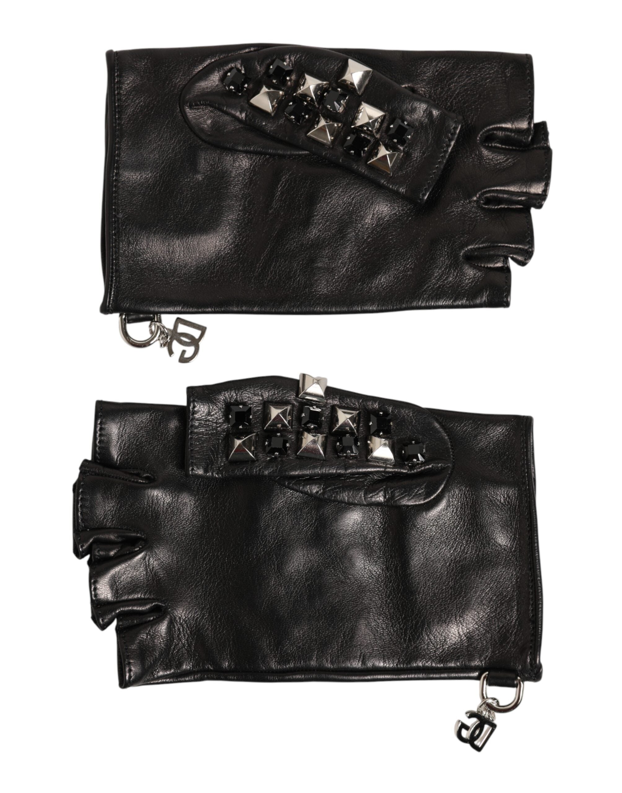 Black Leather Studded Fingerless Hand Mitten Men Gloves