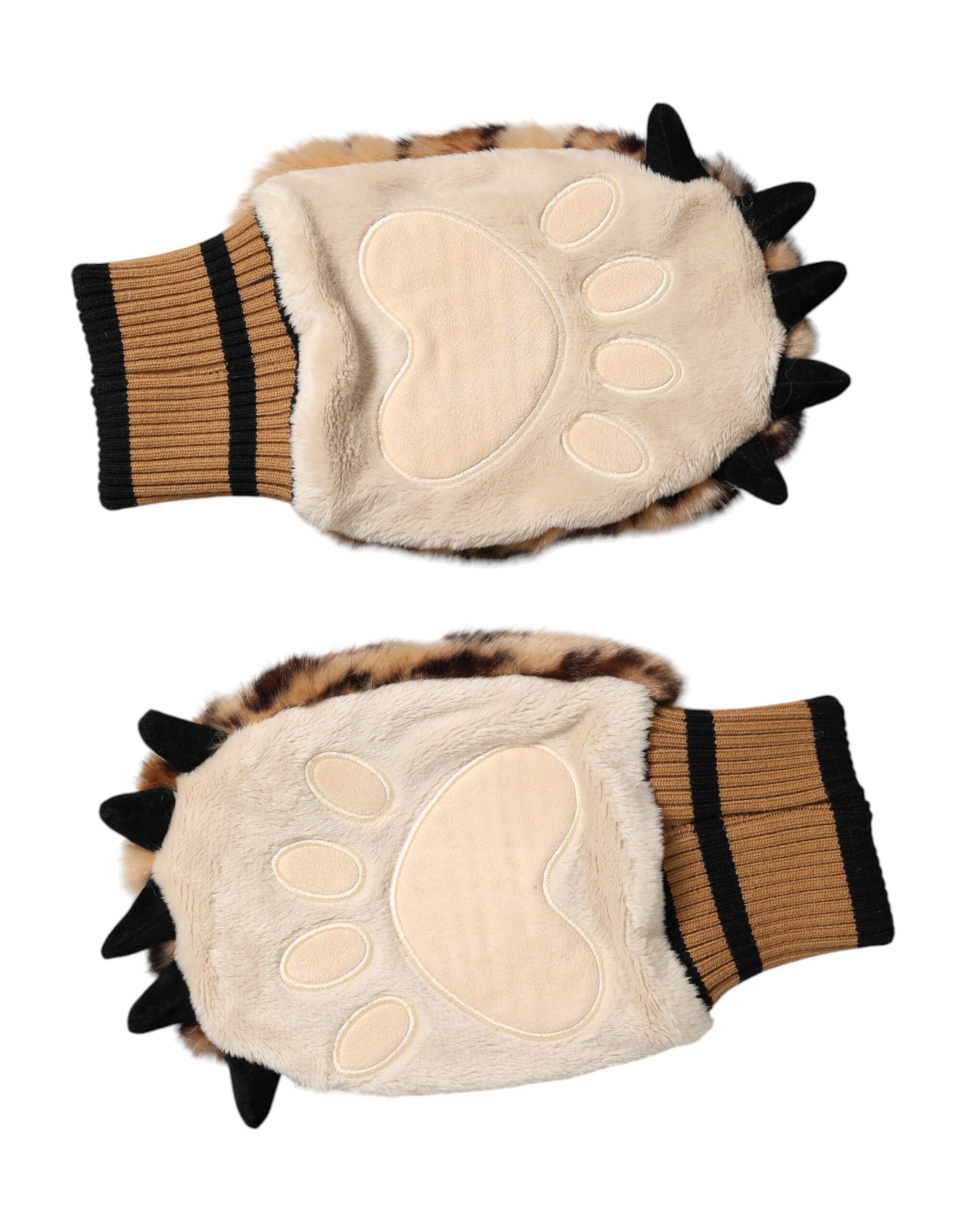 Brown Leopard Knitted Fur Wrist Mitten Gloves