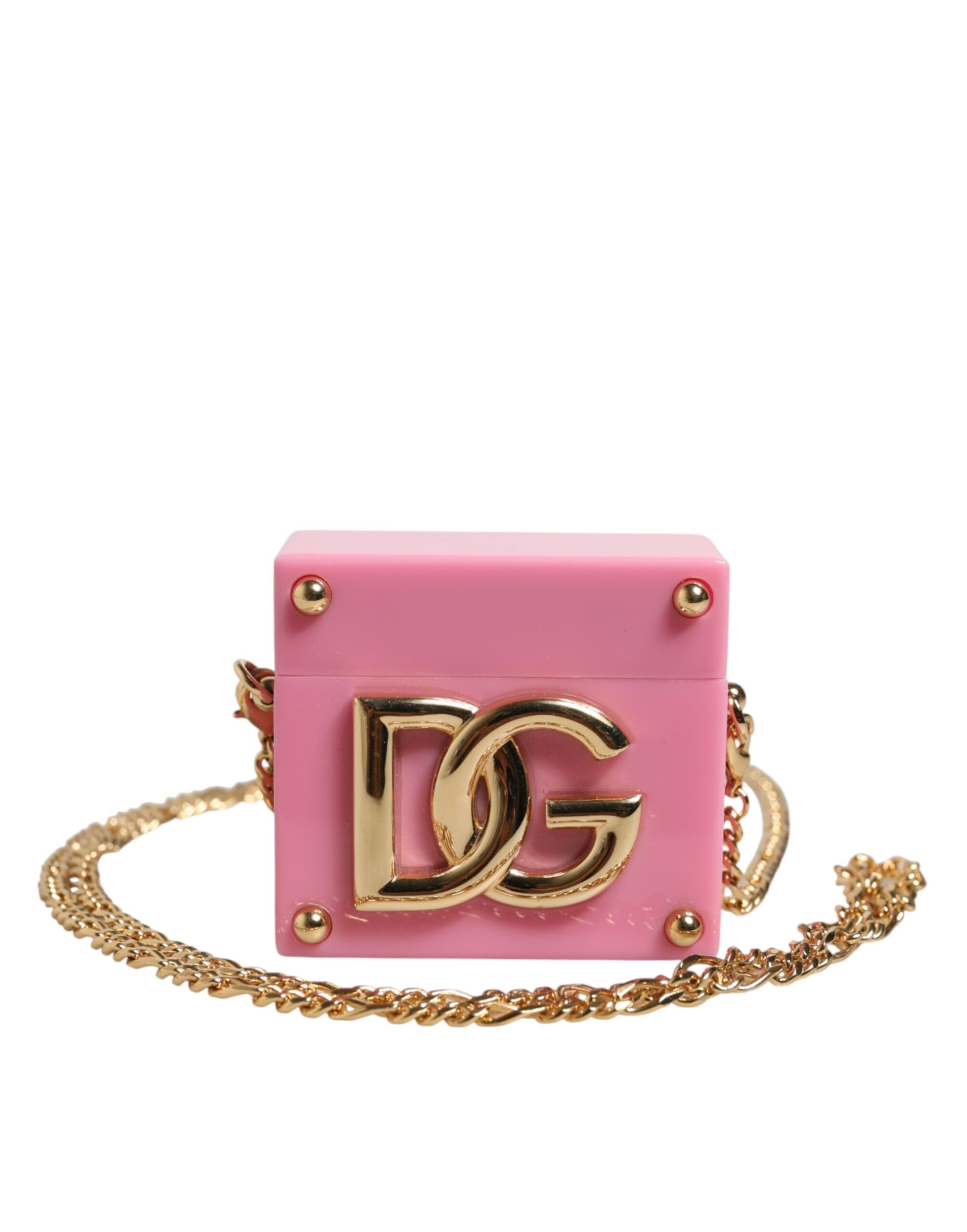 Pink DG Logo Plaque Cover Gold Chain Airpods Case