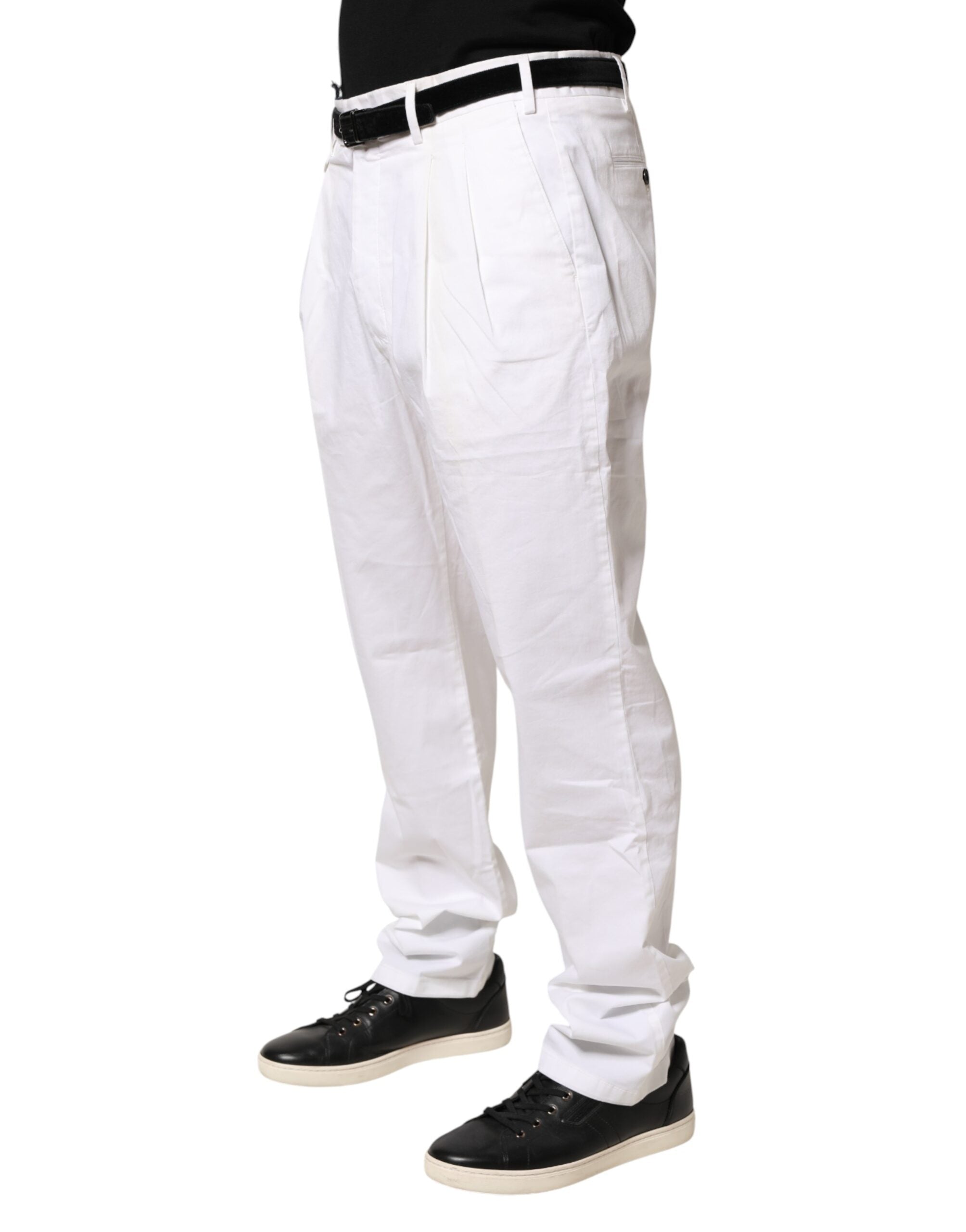 White Cotton Stretch Tapered Mid Waist Chino Pants