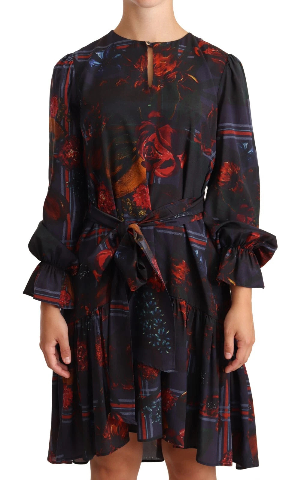 A-line Navy Blue Floral Silk Long Sleeve Knee Length Dress
