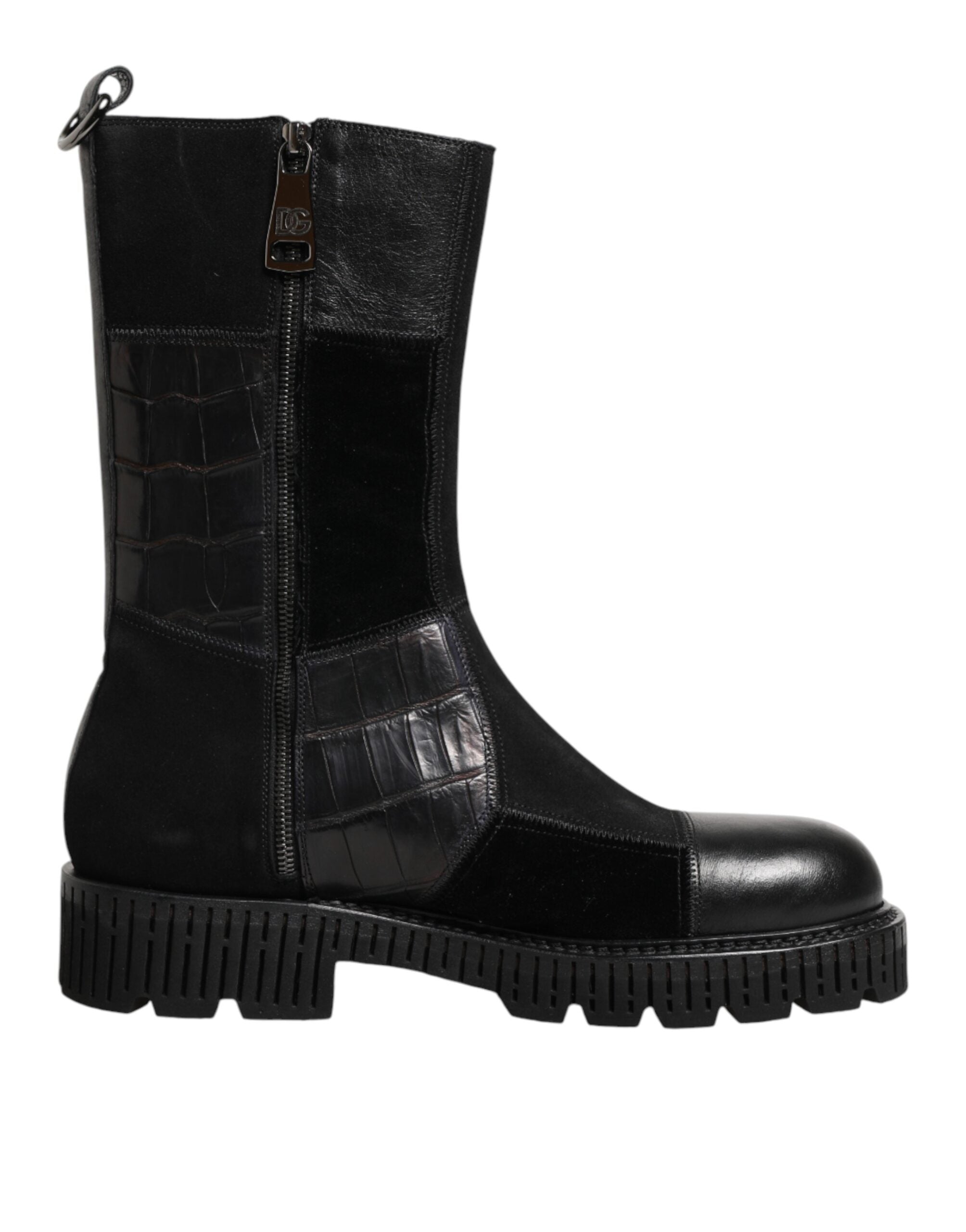 Black Patchwork Leather Mid Calf Boot  Shoes