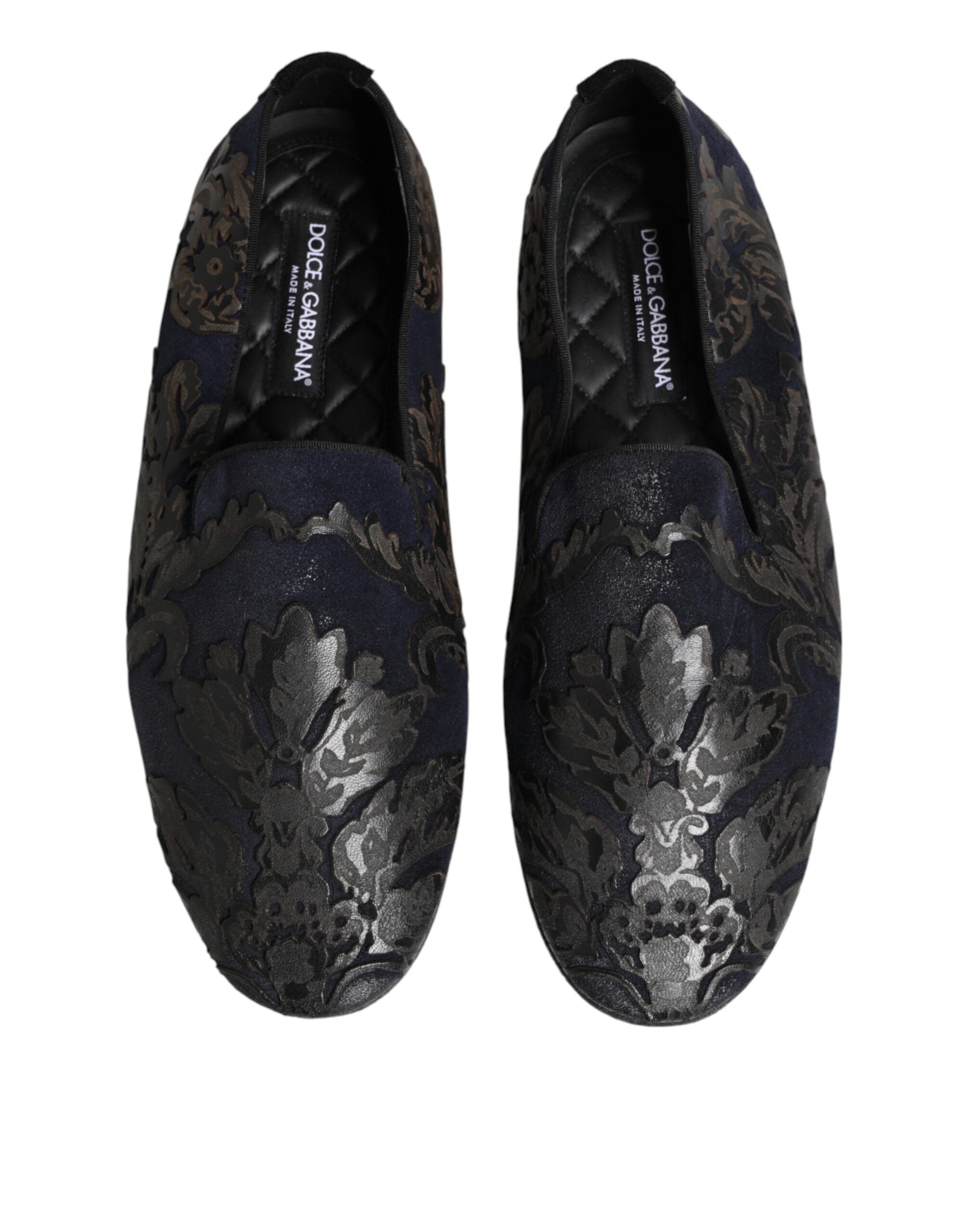 Black Jacquard Leather Slip On Loafers Shoes