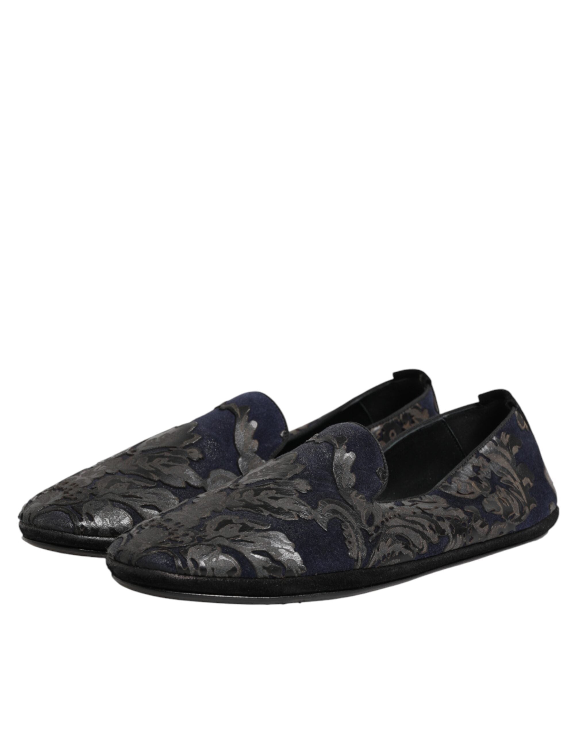 Black Jacquard Leather Slip On Loafers Shoes