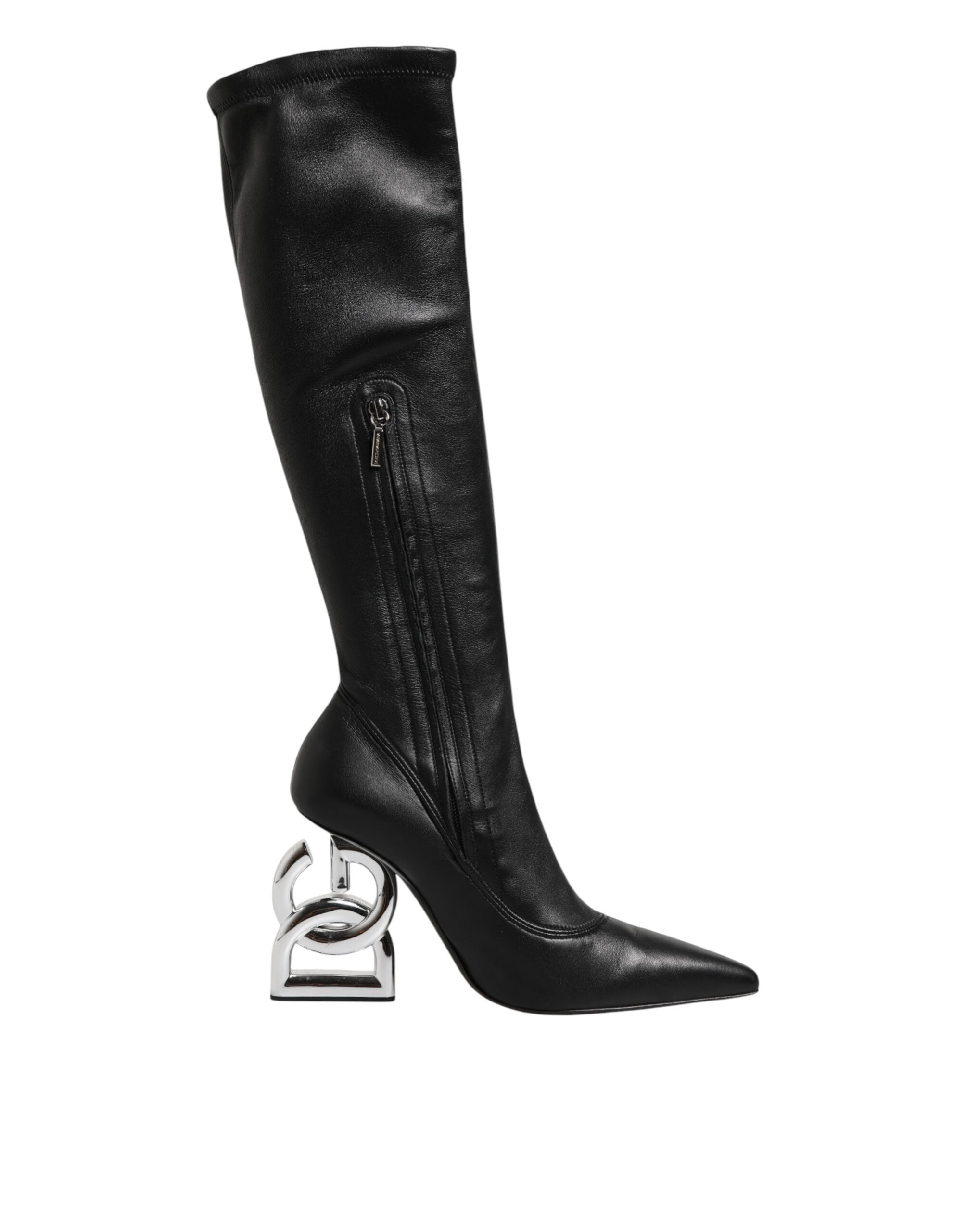 Black Leather DG Logo Knee High Boots Shoes