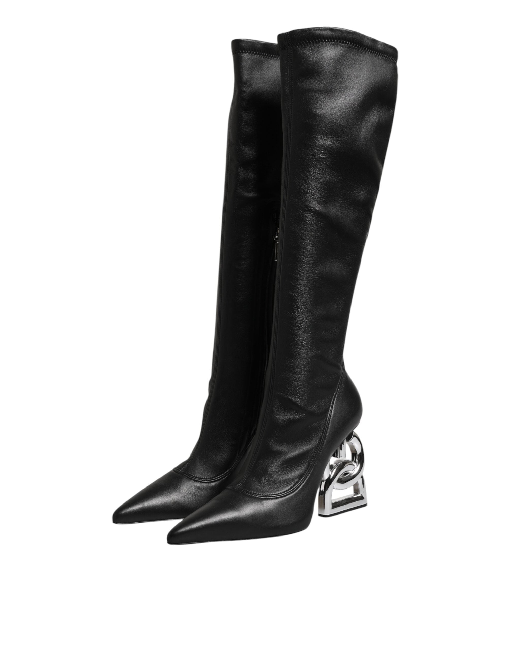 Black Leather DG Logo Knee High Boots Shoes