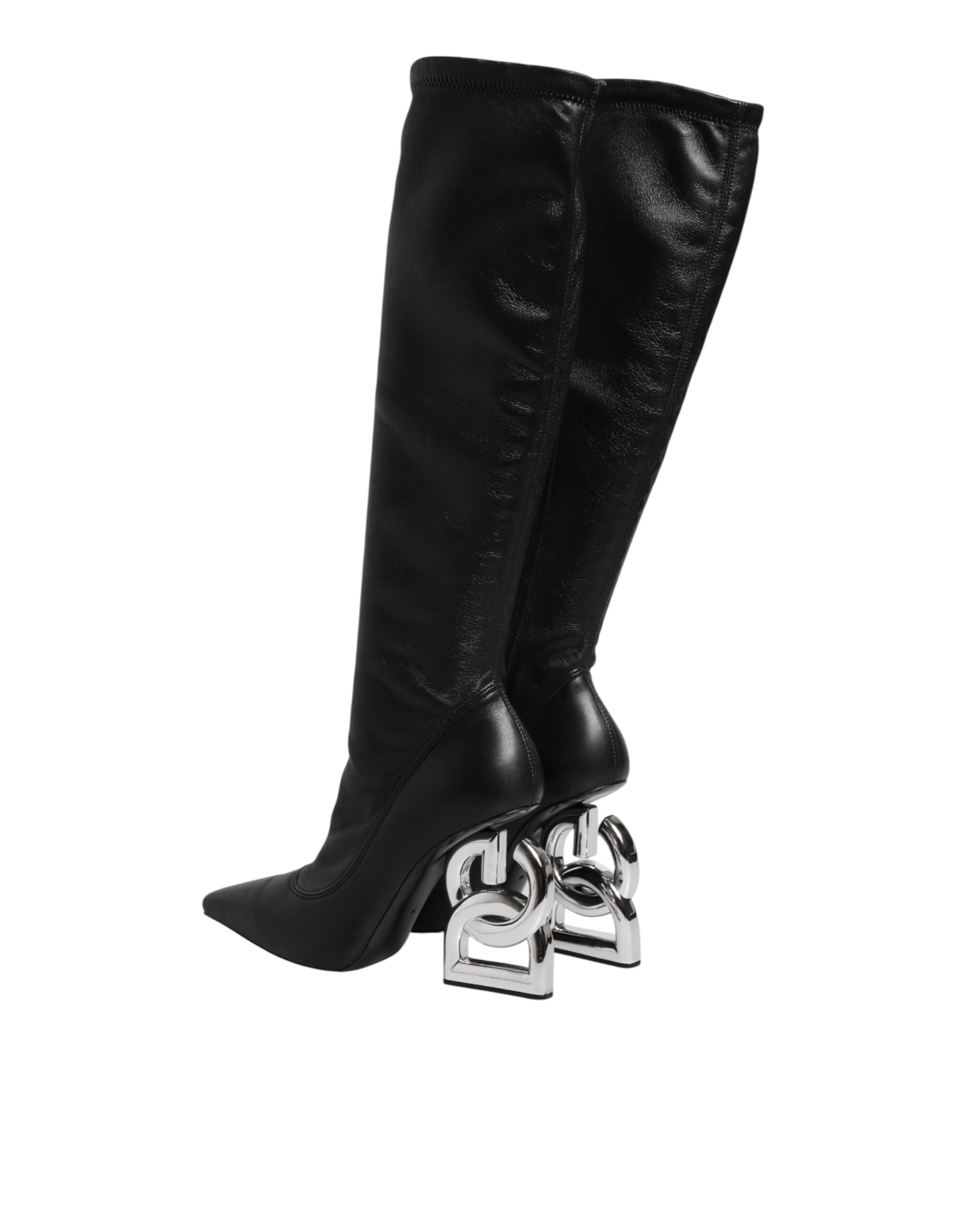 Black Leather DG Logo Knee High Boots Shoes