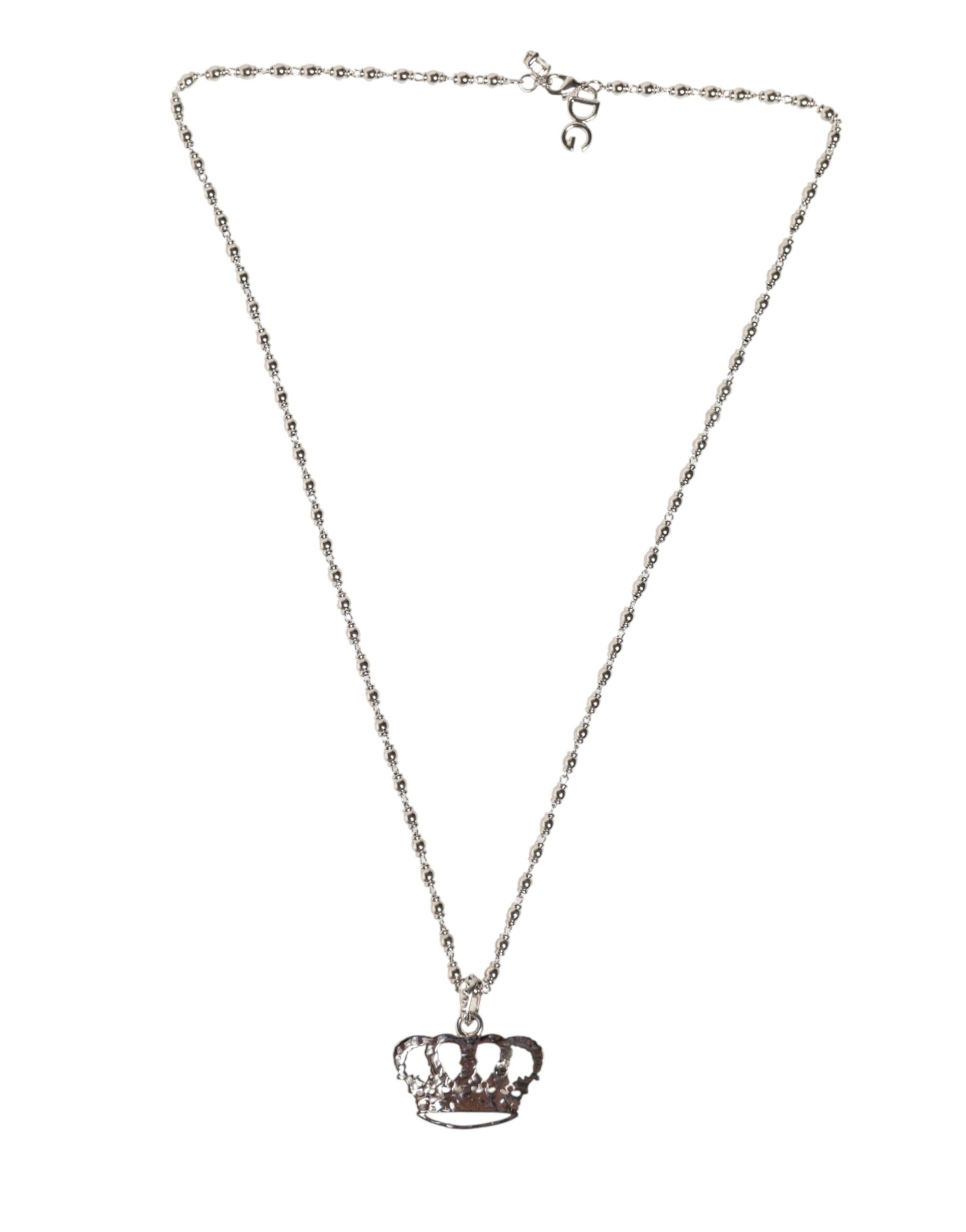 Silver Tone Brass Chain Crown Crystal Pendant  Necklace