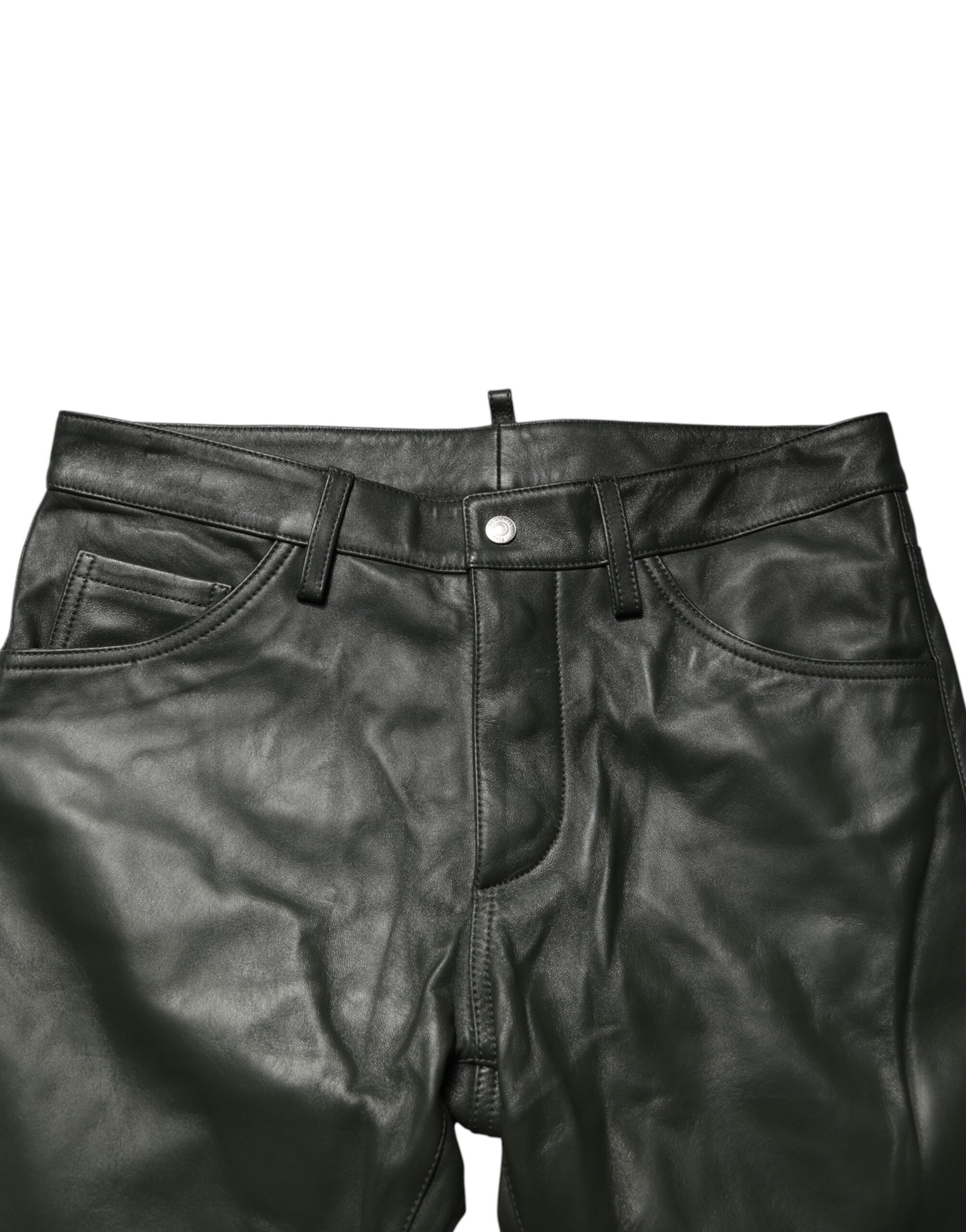 Black Full Grain Leather Mid Waist Trouser Pants