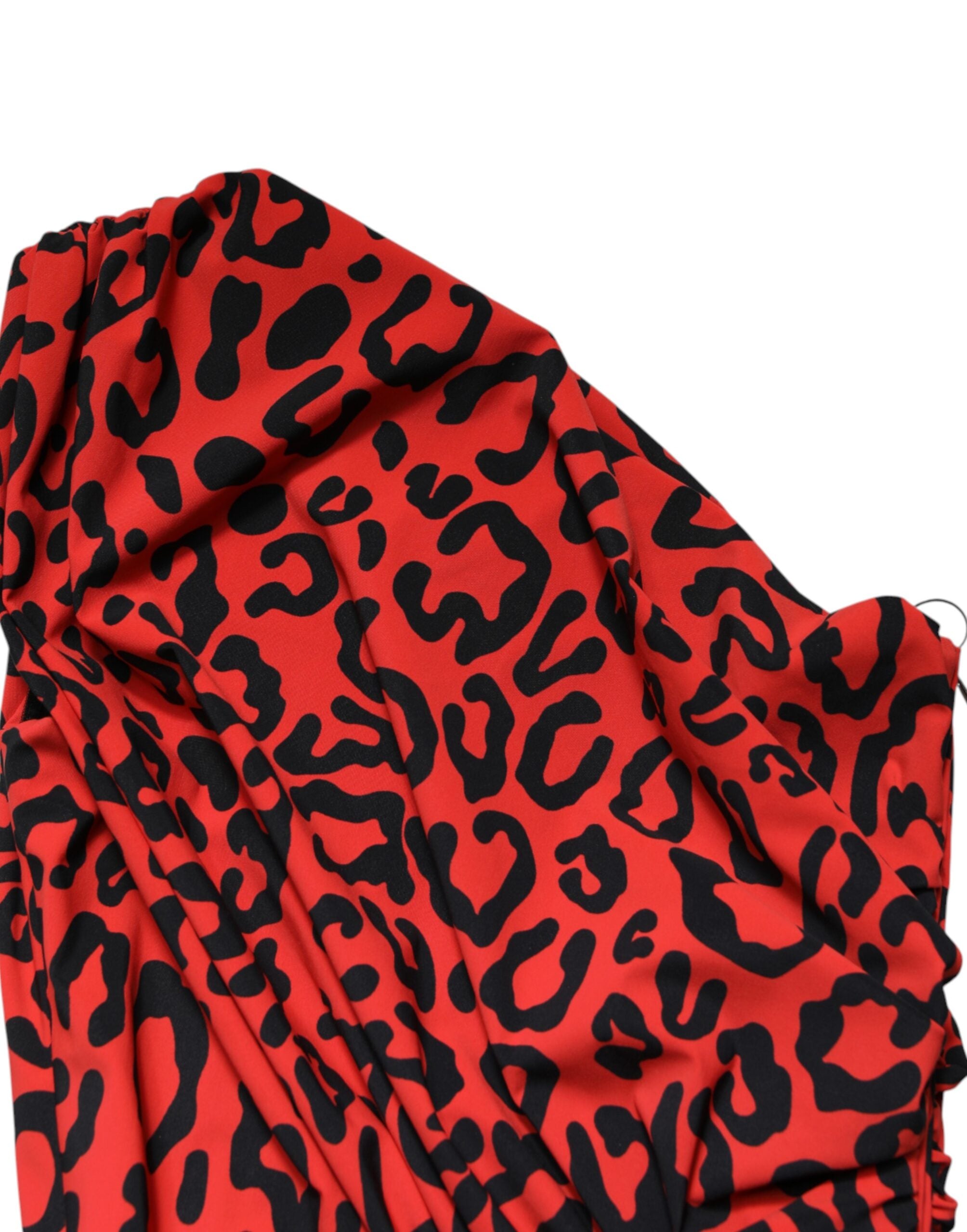 Red Leopard Print Nylon Sheath Midi Dress
