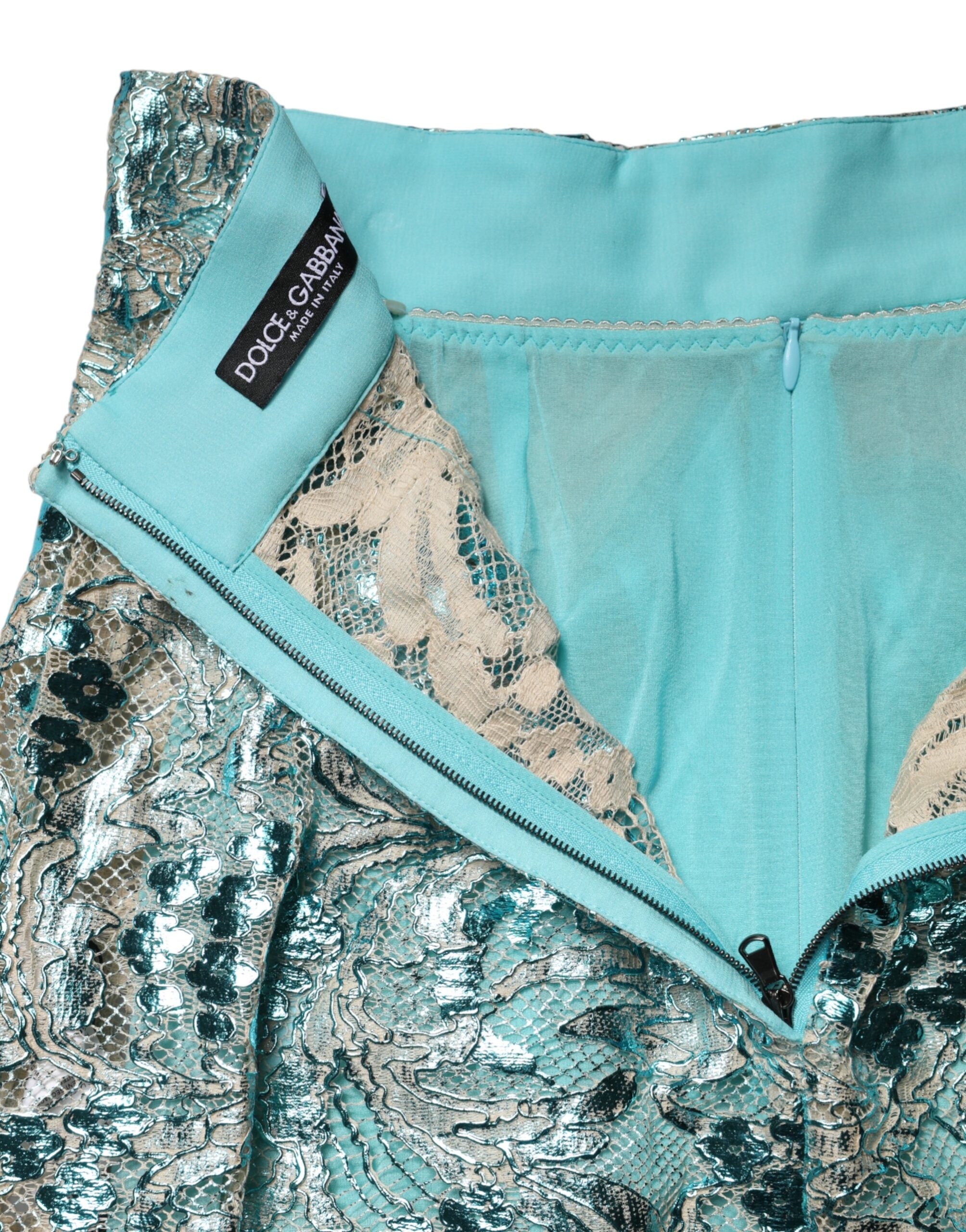 Blue Floral Brocade High Waist Mini Skirt