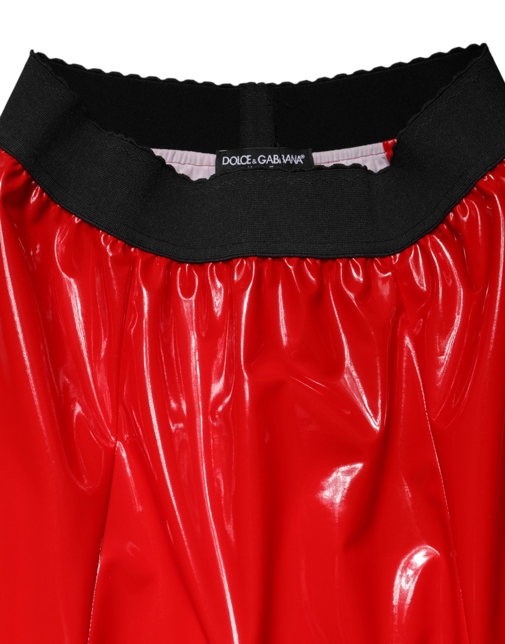 Glossy Red Polyester High Waist Midi Skirt