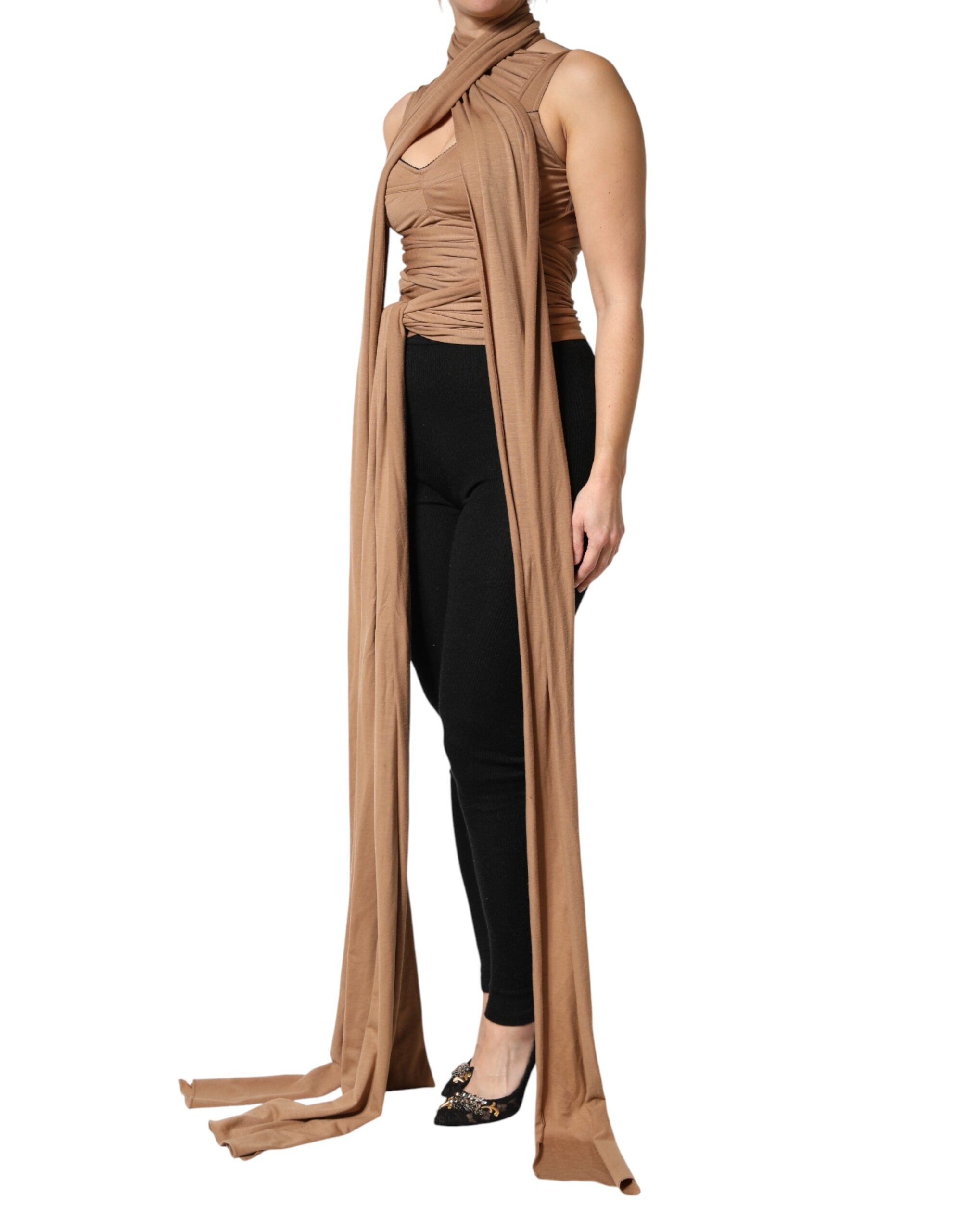 Brown Virgin Wool Sleeveless Scarf Tank Top