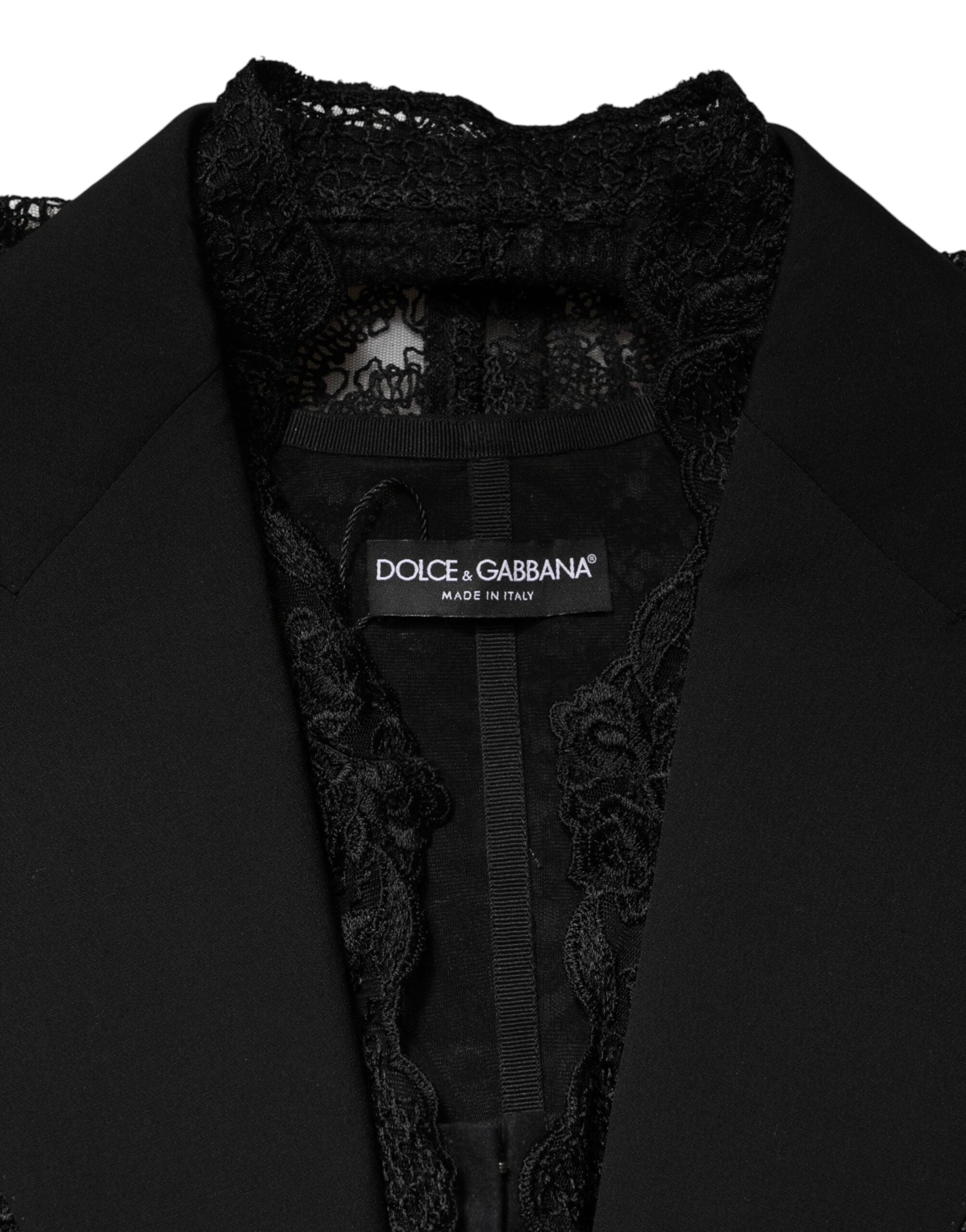 Black Lace V-neck Slit Hem Gathered Waist Vest Jacket