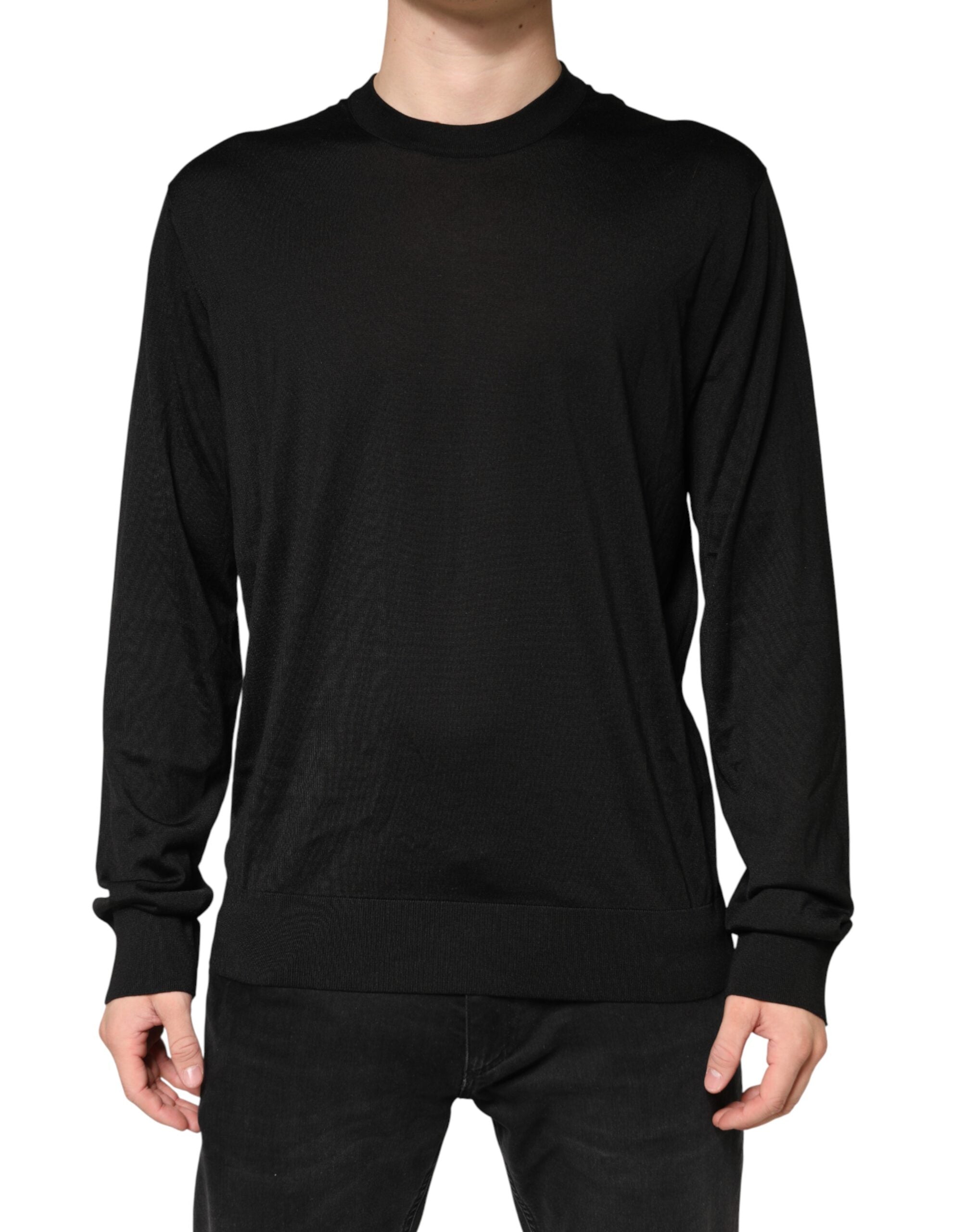 Black Silk Men Crew Neck Pullover Sweater