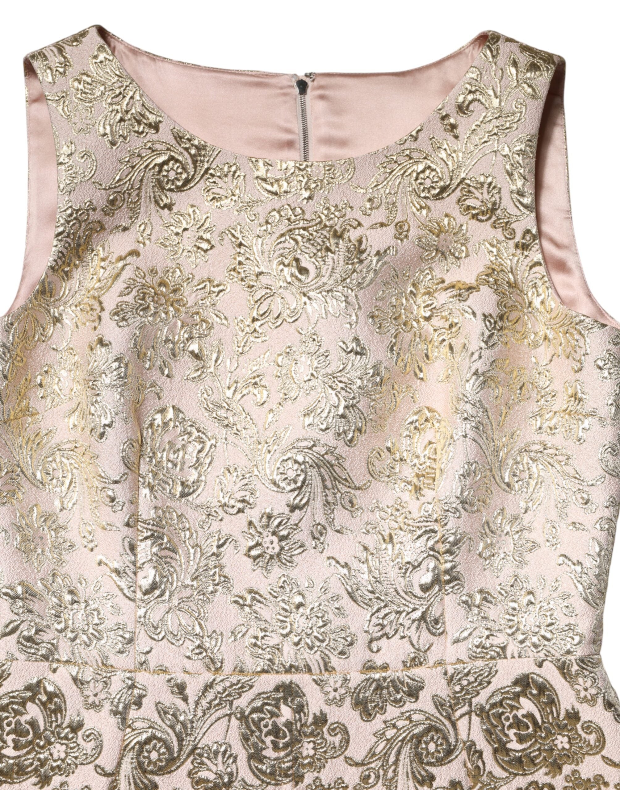 Beige Gold Floral Brocade Sleeveless Dress