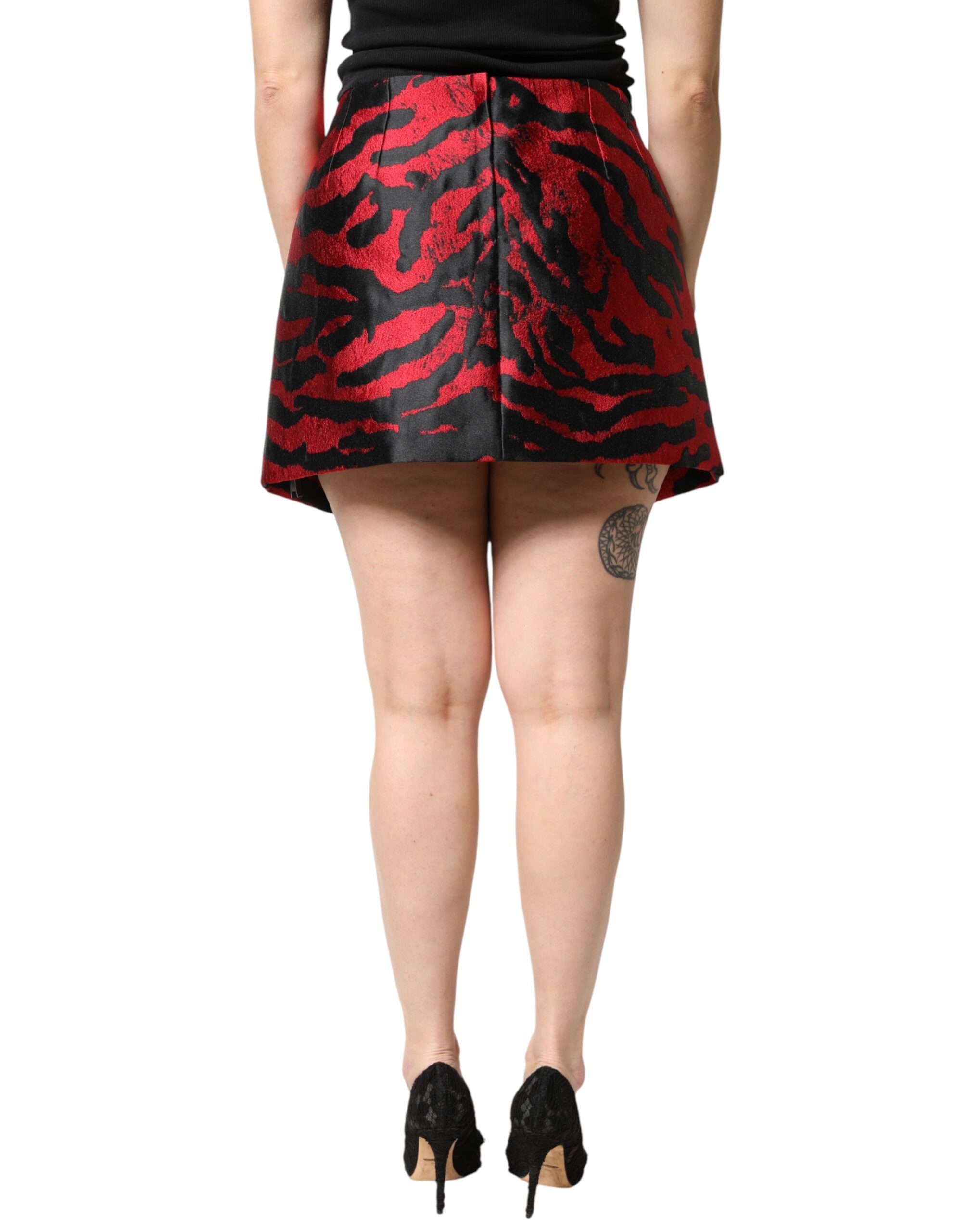 Black Red Jacquard High Waist Mini Skirt