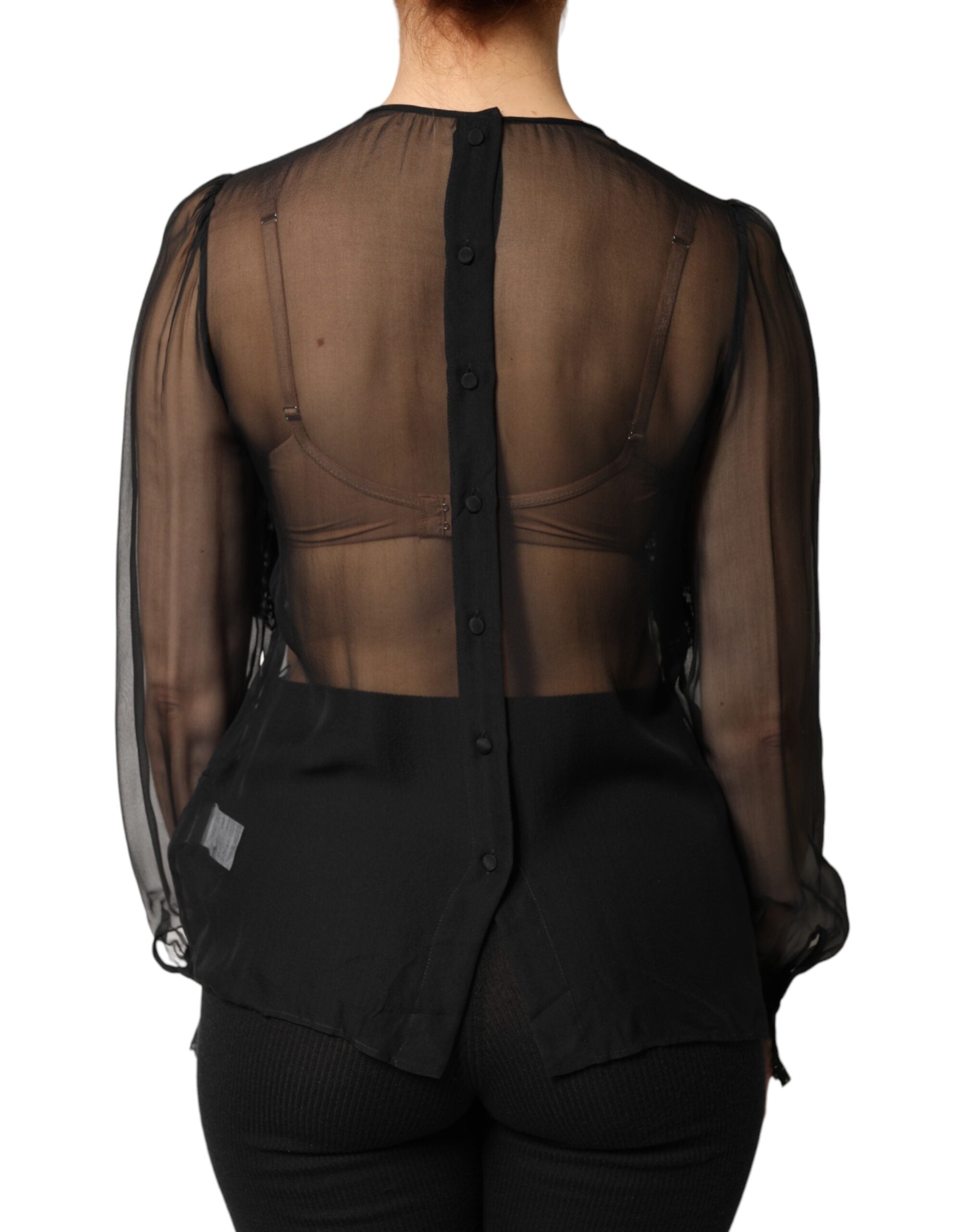 Black Silk Sheer Ruffle Tie-Neck Blouse Top