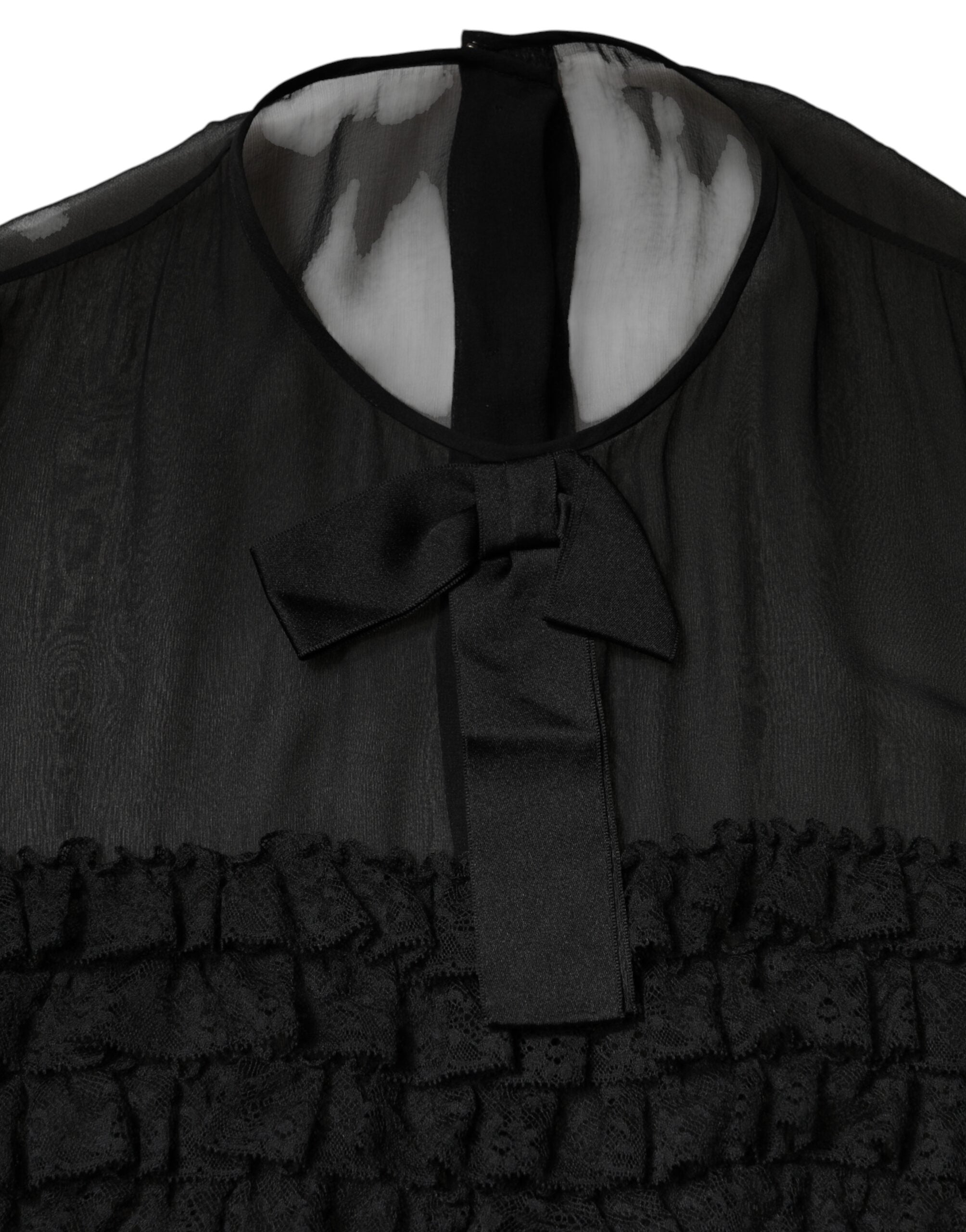 Black Silk Sheer Ruffle Tie-Neck Blouse Top
